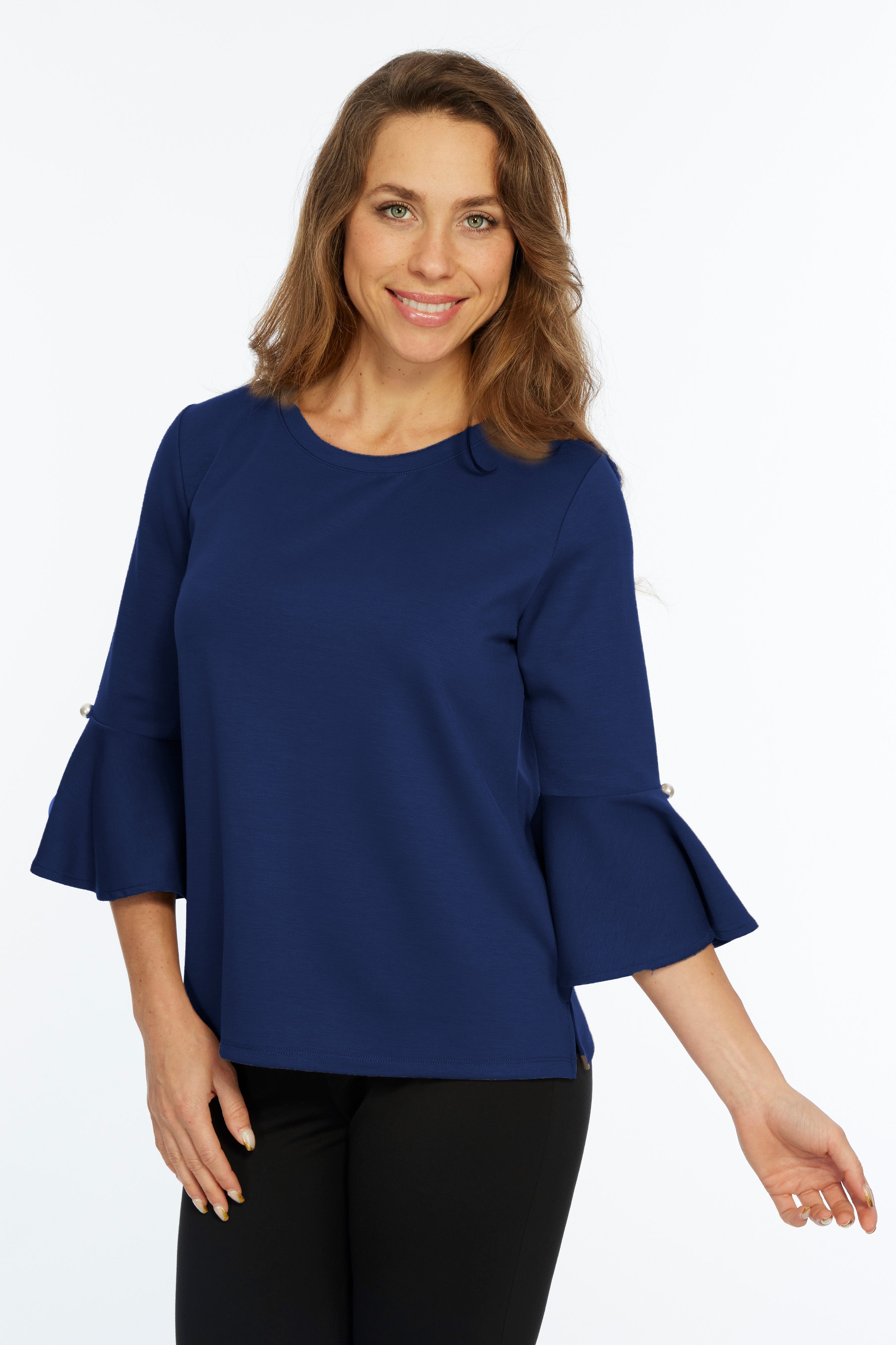 Solid Bell Sleeve Knit Top Round Neck - Navy | ZEE | LIOR