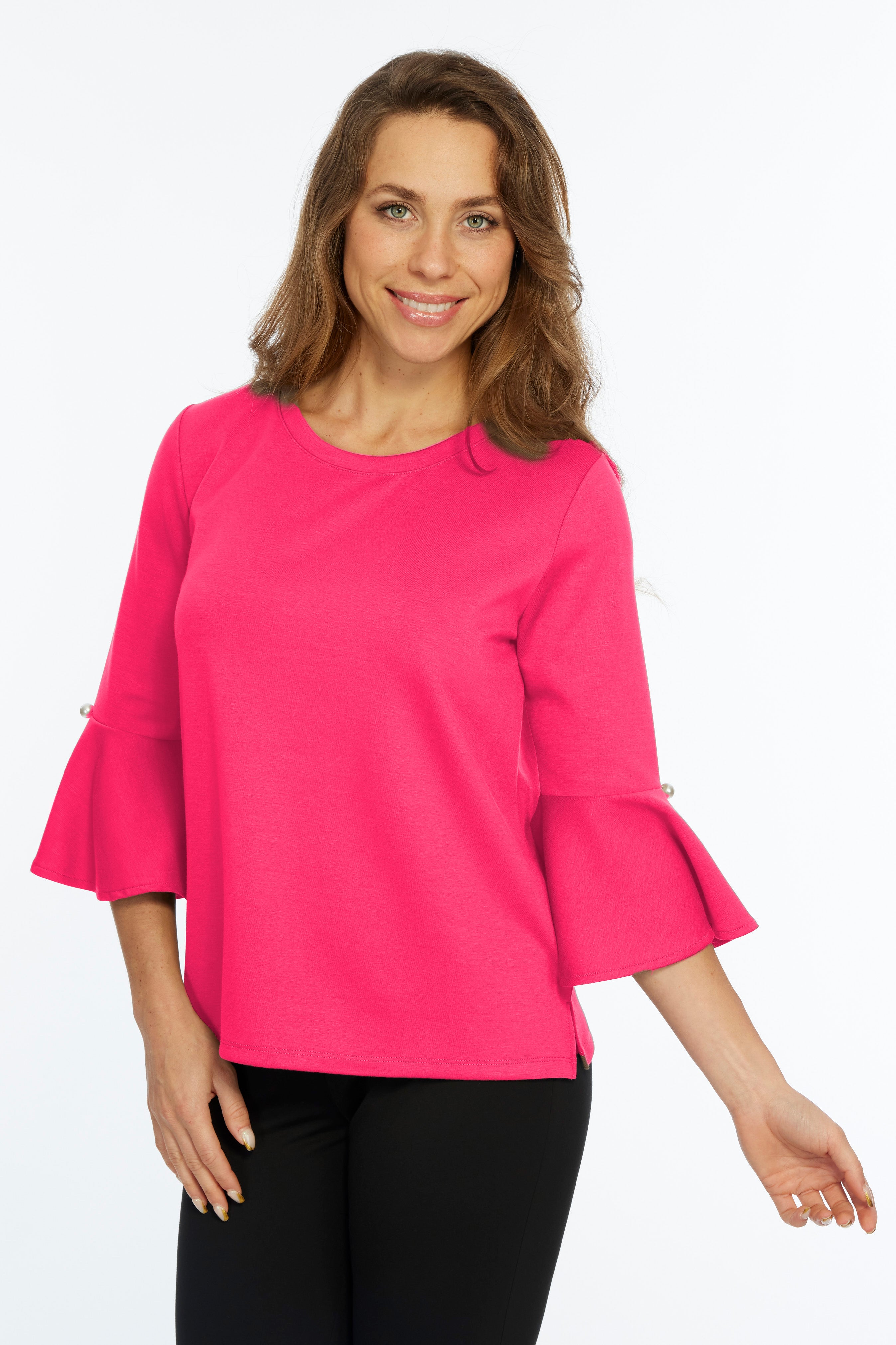 Solid Bell Sleeve Knit Top Round Neck - Punch | ZEE | LIOR