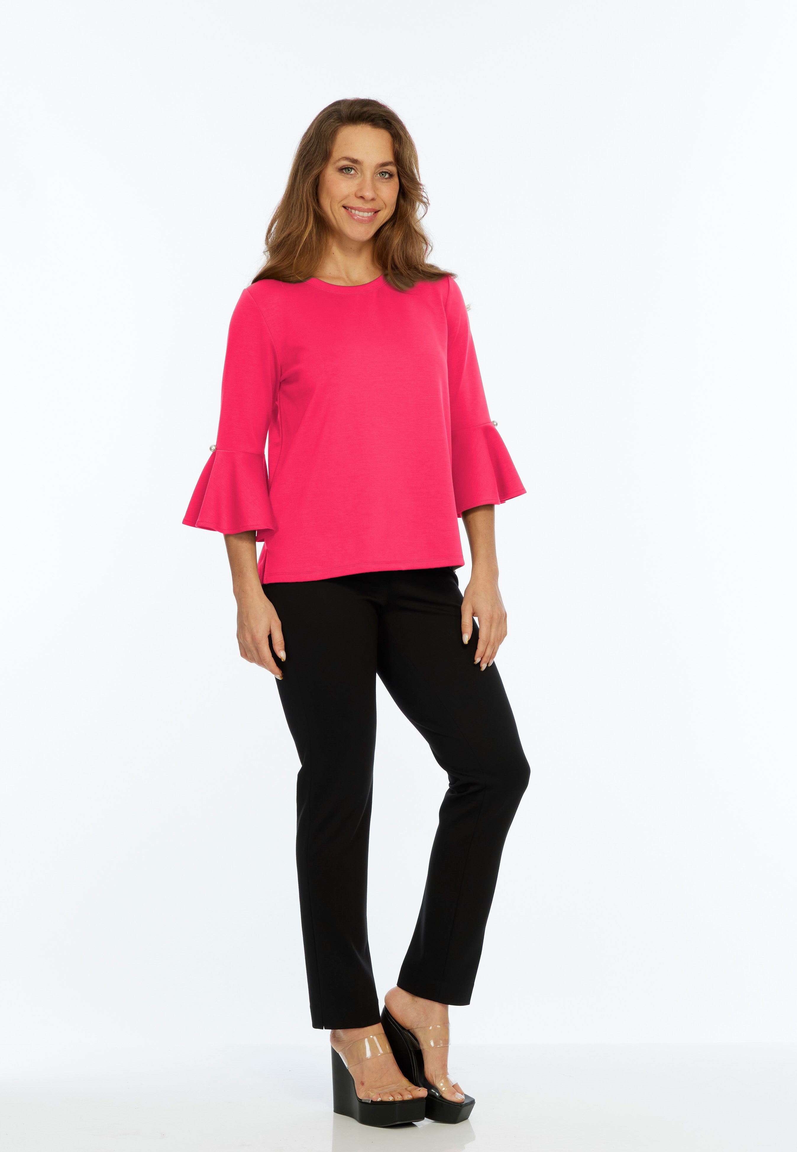 Solid Bell Sleeve Knit Top Round Neck - Punch | ZEE | LIOR