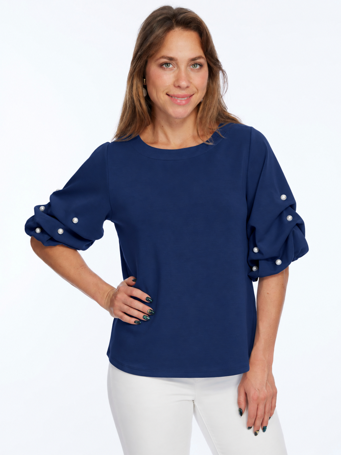 Soft Buttery Knit Navy Top With Pearls Puff Sleeves Detailing LIOR | ZILA