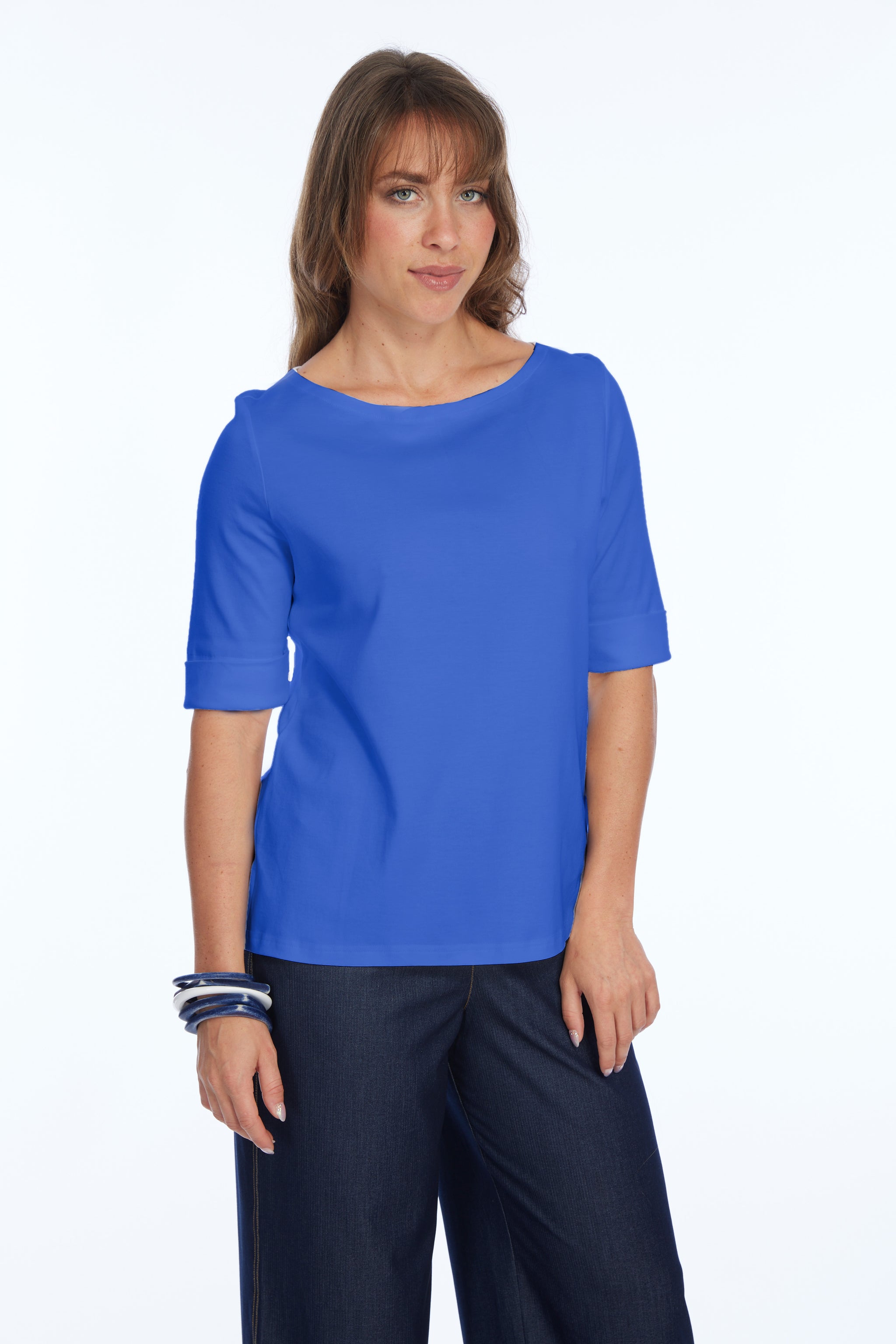 ALISHA D Women's Round Neck 3/4 Sleeve Top – Easy-Care Jersey Knit Travel & Everyday Wear