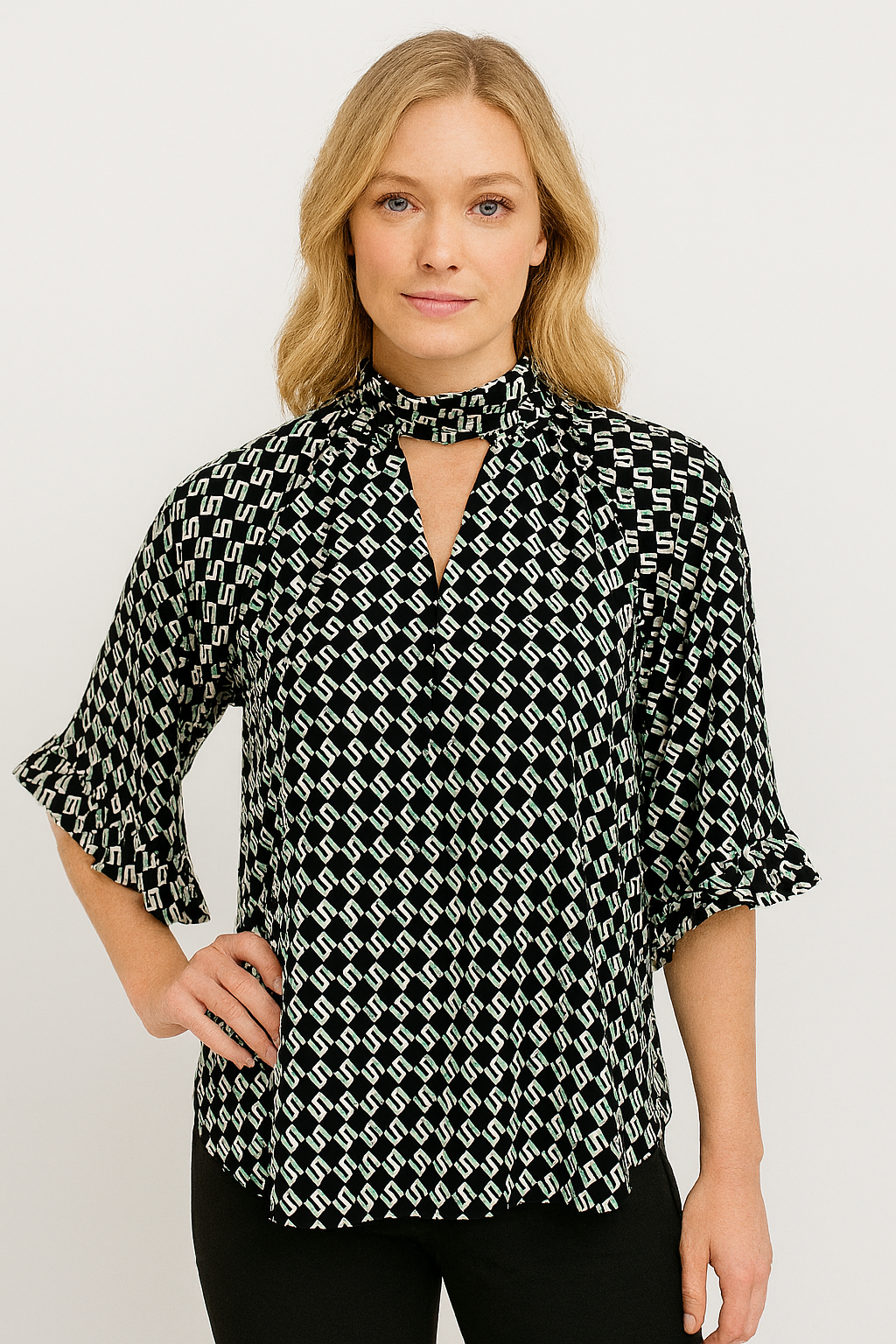 Women's Black & White Diamond Print Blouse Gathered Neck | LIOR