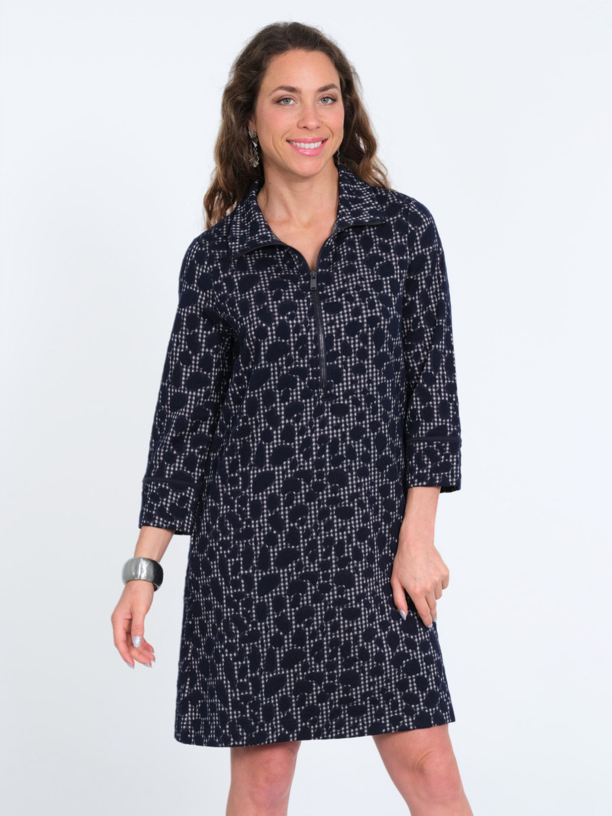 Women's Soft Knit Navy Printed 3/4 Sleeve Collar Zip Up Knee Length Dress - "Dulce"
