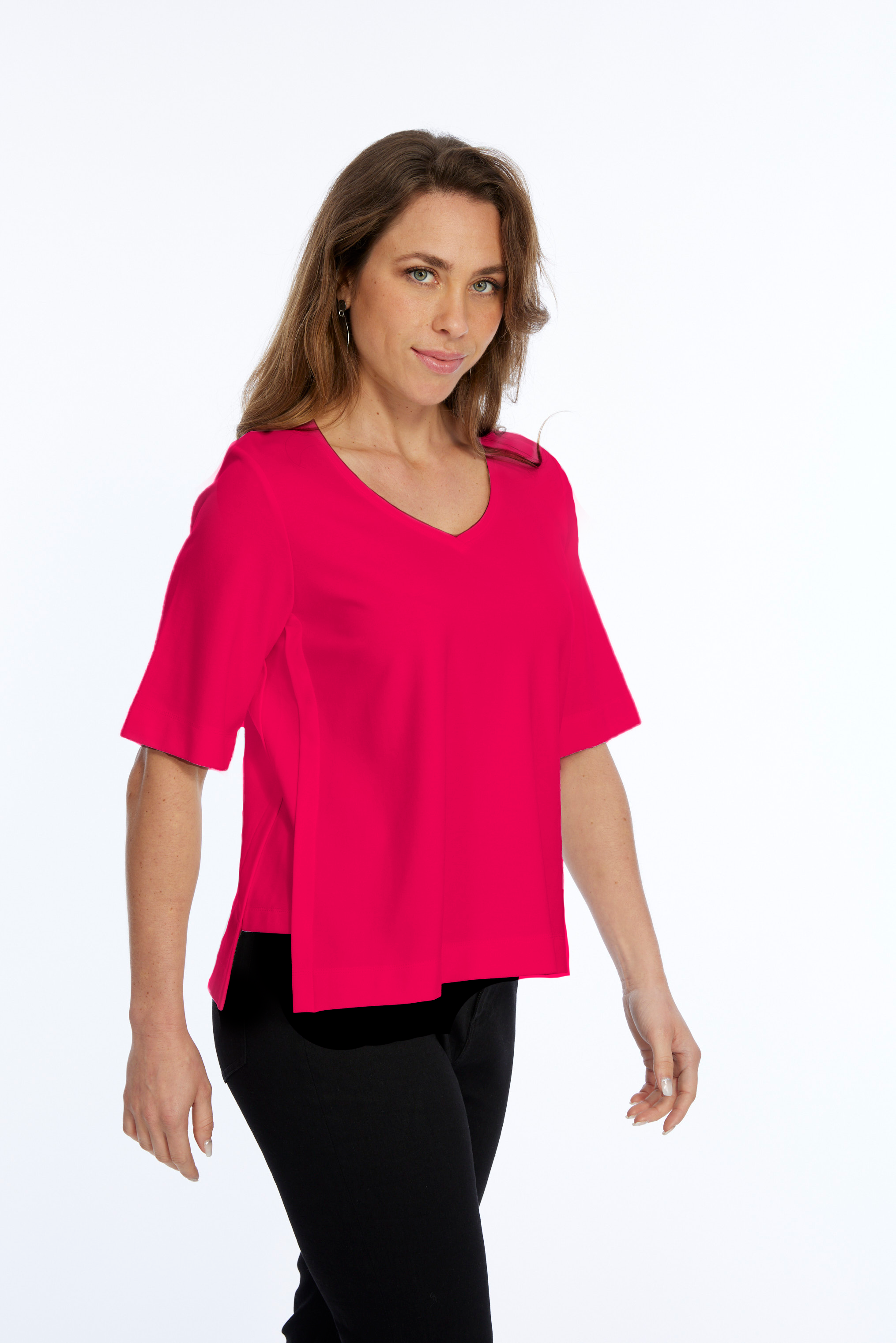 Zola LIOR Women's Short Sleeve V-Neck Top with Side Slits - Fuschia