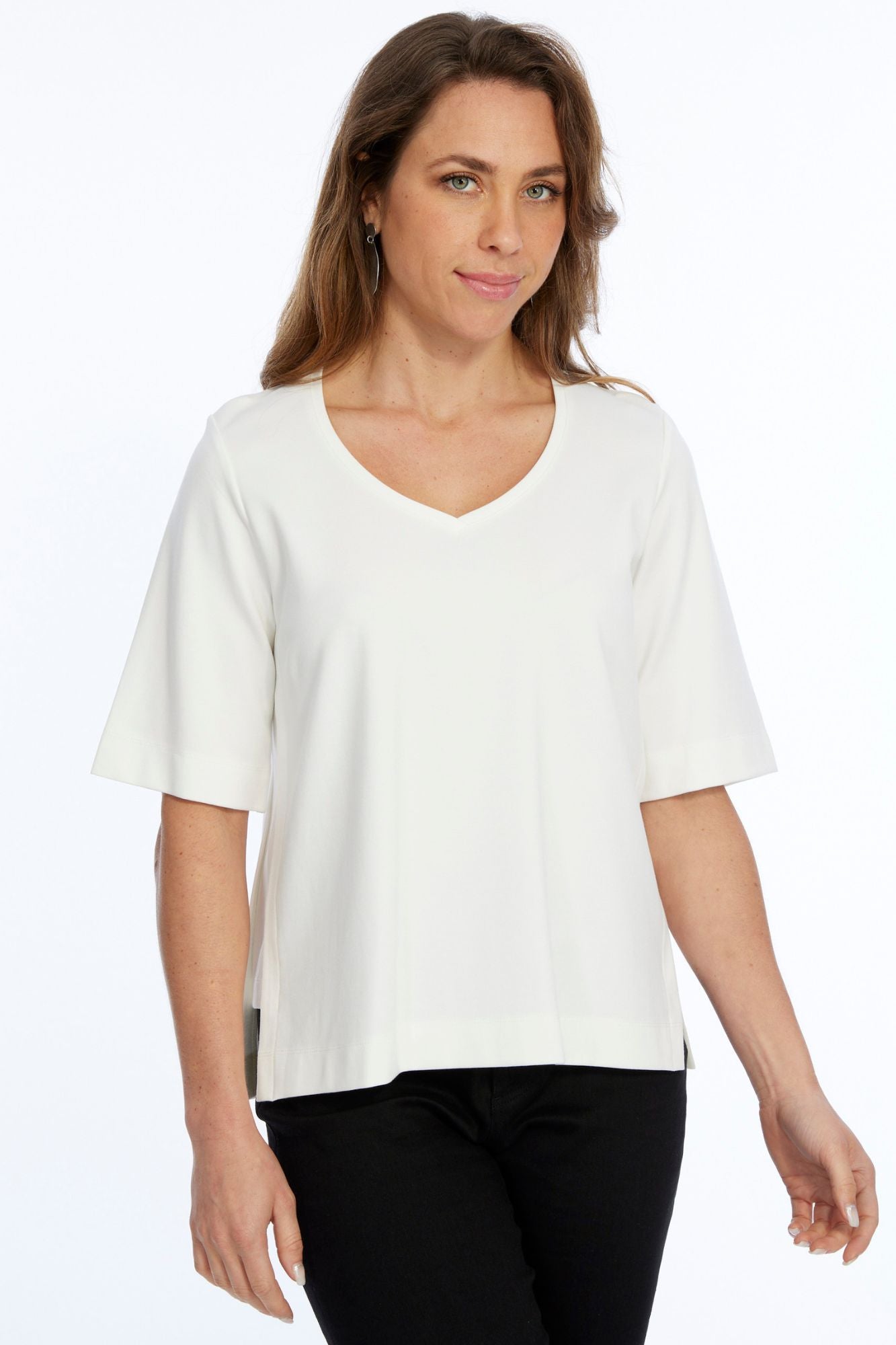 Zola LIOR Women's Short Sleeve V-Neck Top with Side Slits - Ivory
