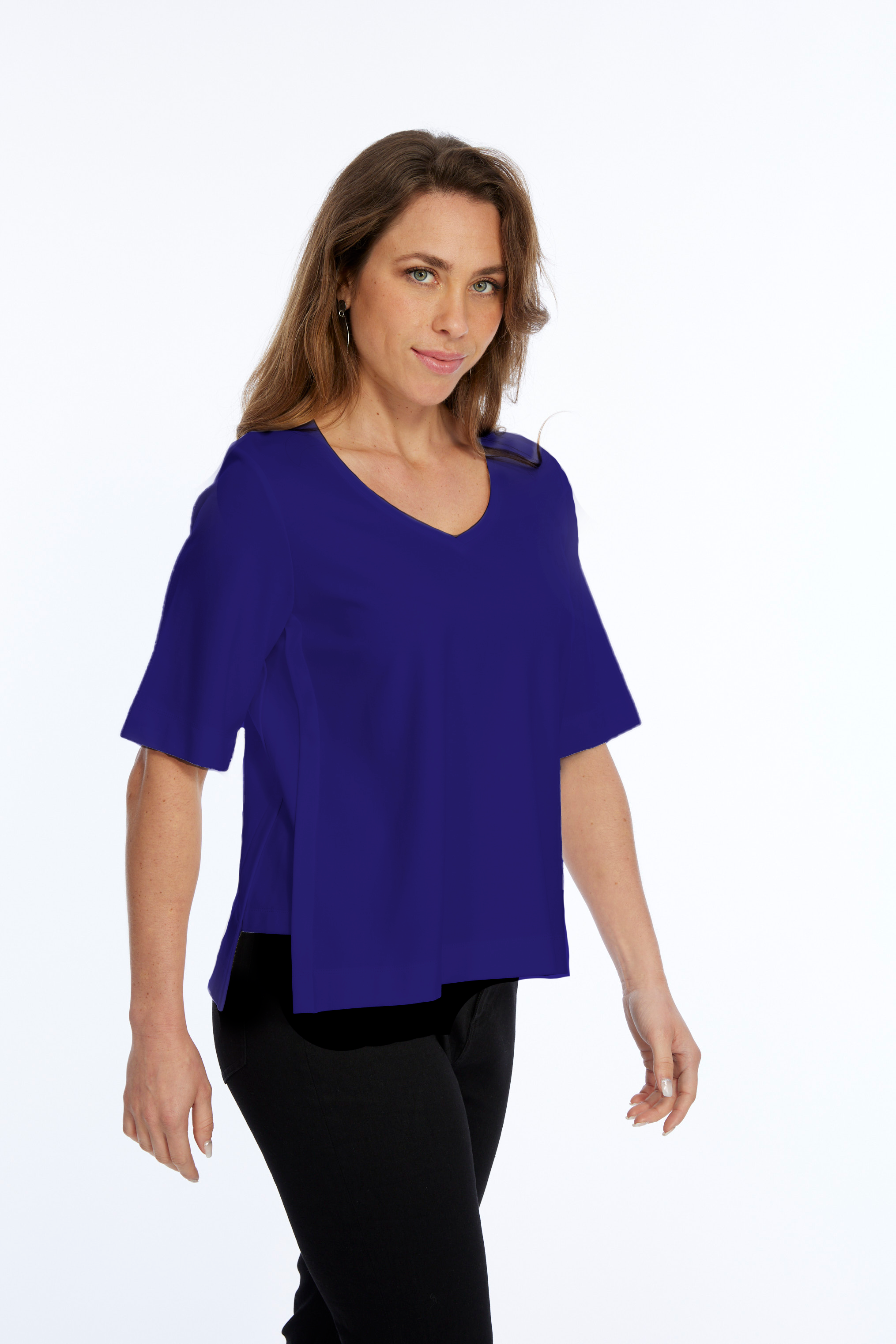 Zola LIOR Women's Short Sleeve V-Neck Top with Side Slits - Navy
