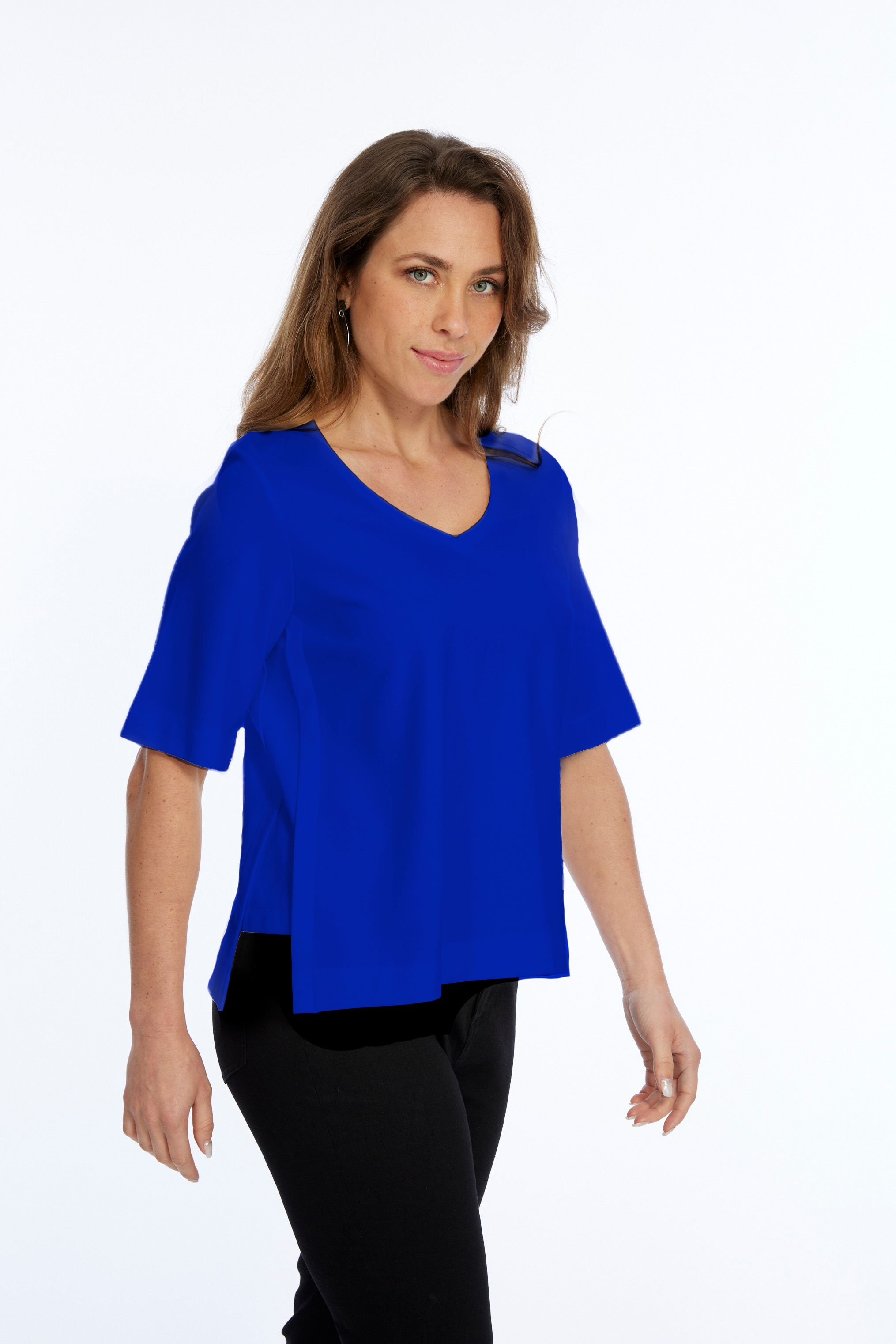 Zola LIOR Women's Short Sleeve V-Neck Top with Side Slits - Royal