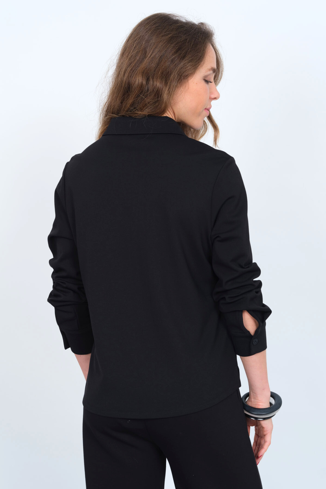 LIOR Women's Scuba Ponte Knit-Button Up Shirt with Lace Ruffle & Pearl Detail - "Zuly"