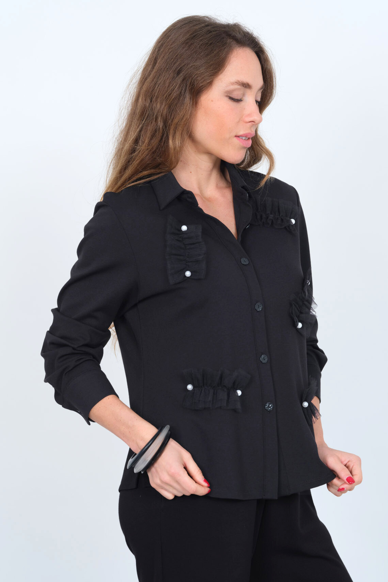 LIOR Women's Scuba Ponte Knit-Button Up Shirt with Lace Ruffle & Pearl Detail - "Zuly"