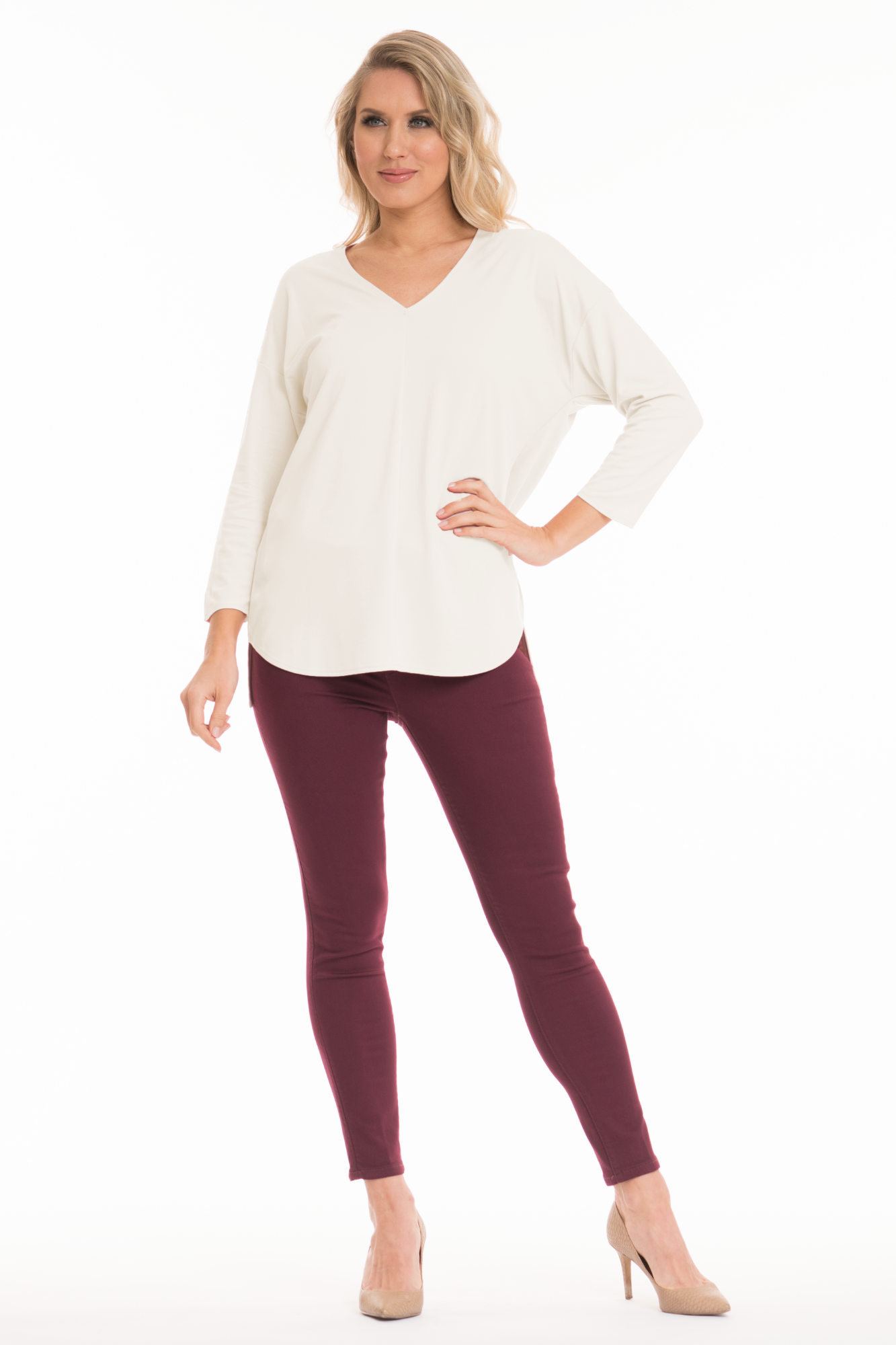 IVORY KNIT TOP WITH 3/4 SLEEVES
