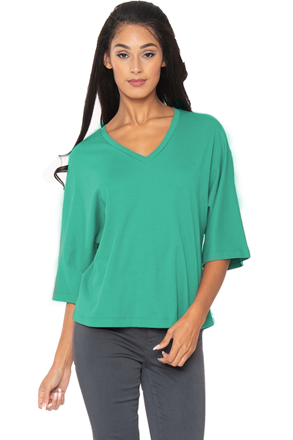 Women's Lagoon 100% Cotton V -Neck 3/4 Bell Sleeve Top - Relaxed Fit