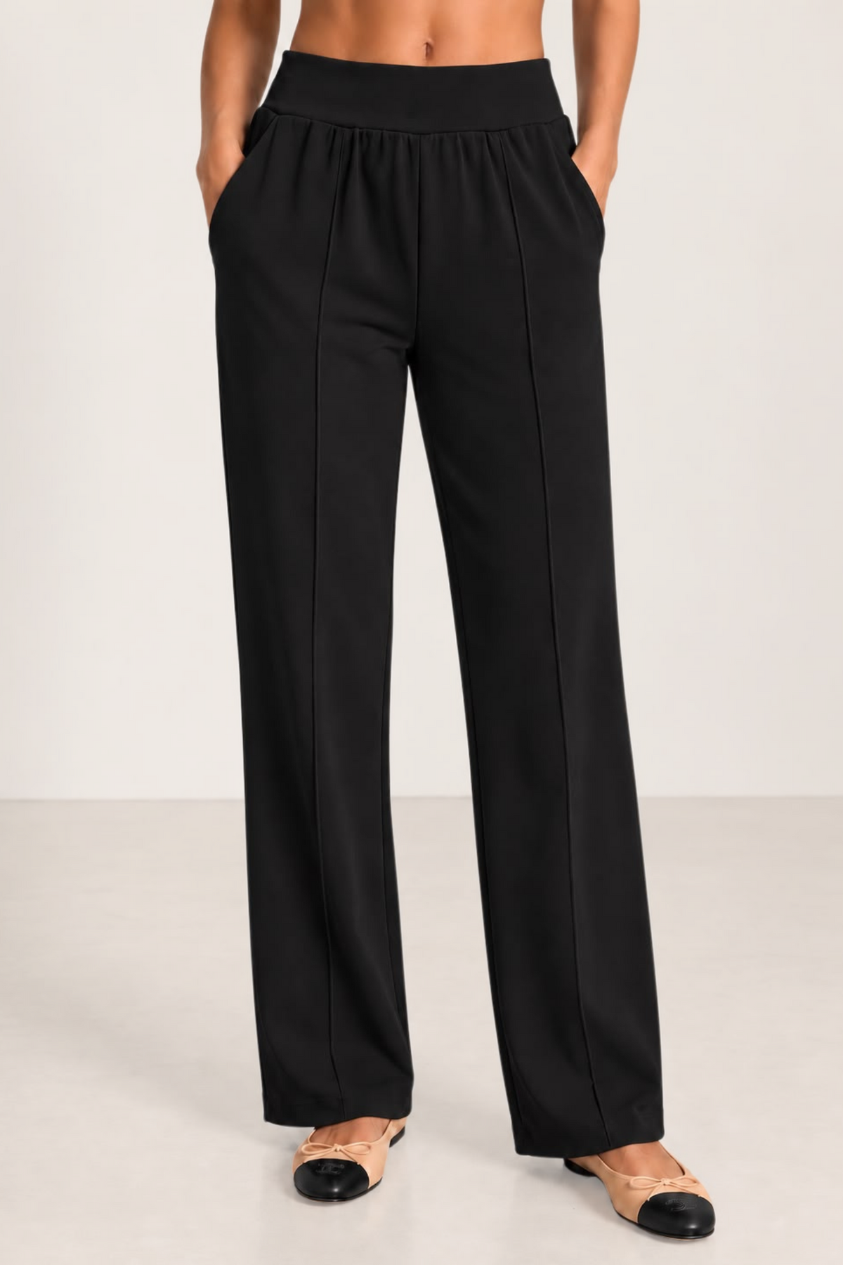 Women's 2 Piece Black Leisure Set Ft. Zofi 3/4 Knit Top & 28" Inseam Pull On Tapered Pant - "Zia"