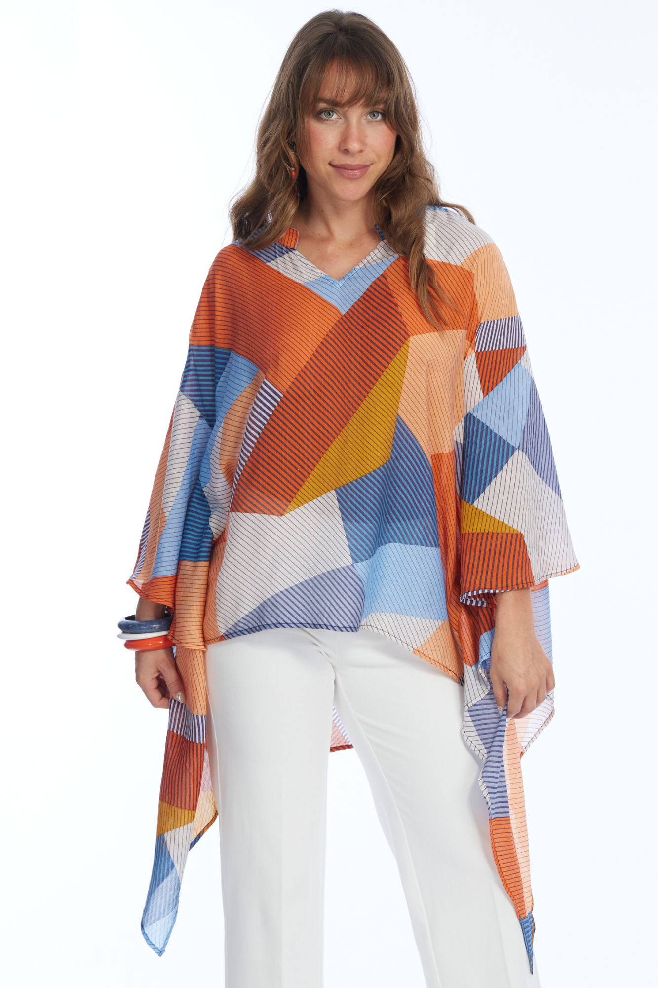 Women's 2 Size Sheer Flowy Multi Orange Blouse - "Maya"