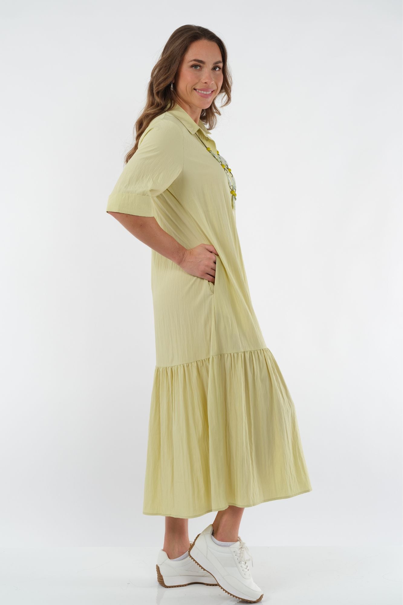 LIOR Women's Long Collar Lime Dress With Button V-Neck - "Vega"