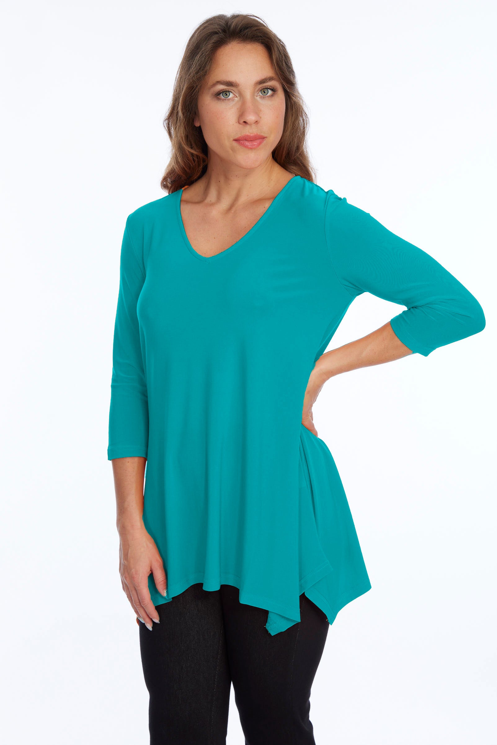 Alisha D High Low V Neck Tunic Top 3/4 Sleeves
