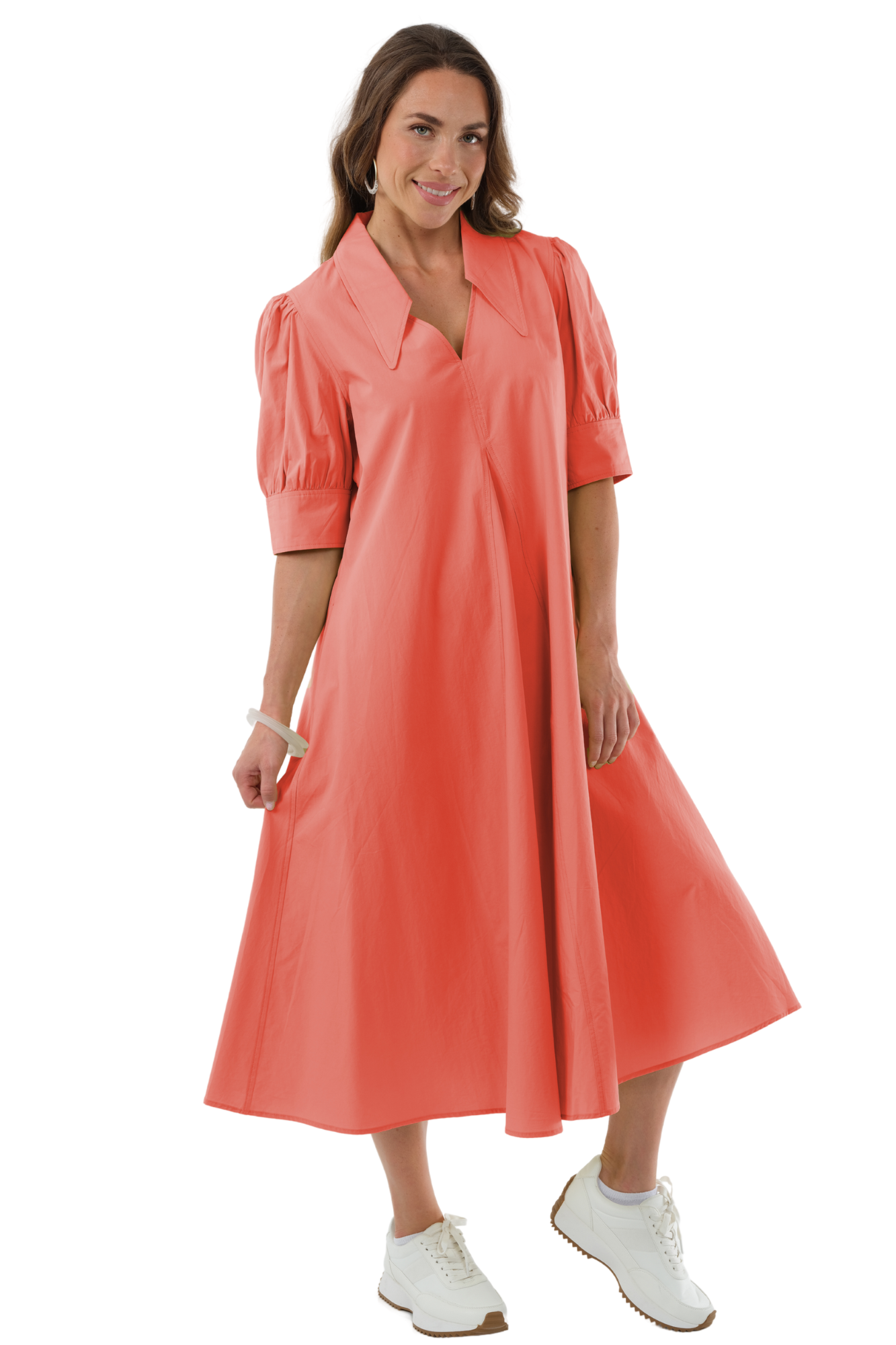 LIOR Women's Long Pointed Collar Coral Dress With Puff Sleeves - "Amber"