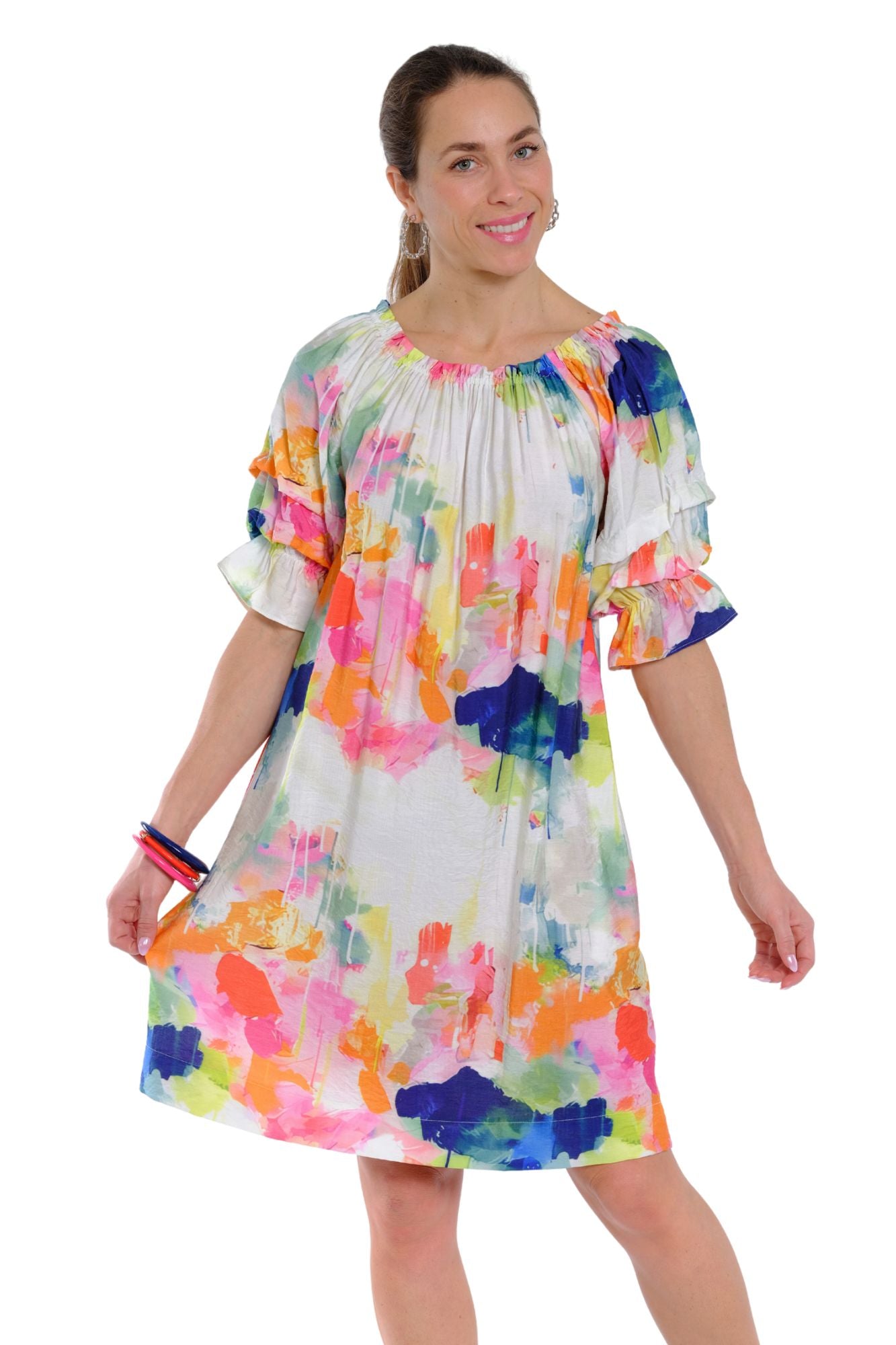 Pastel knee length dress for women with ruffle sleeves and elastic neck