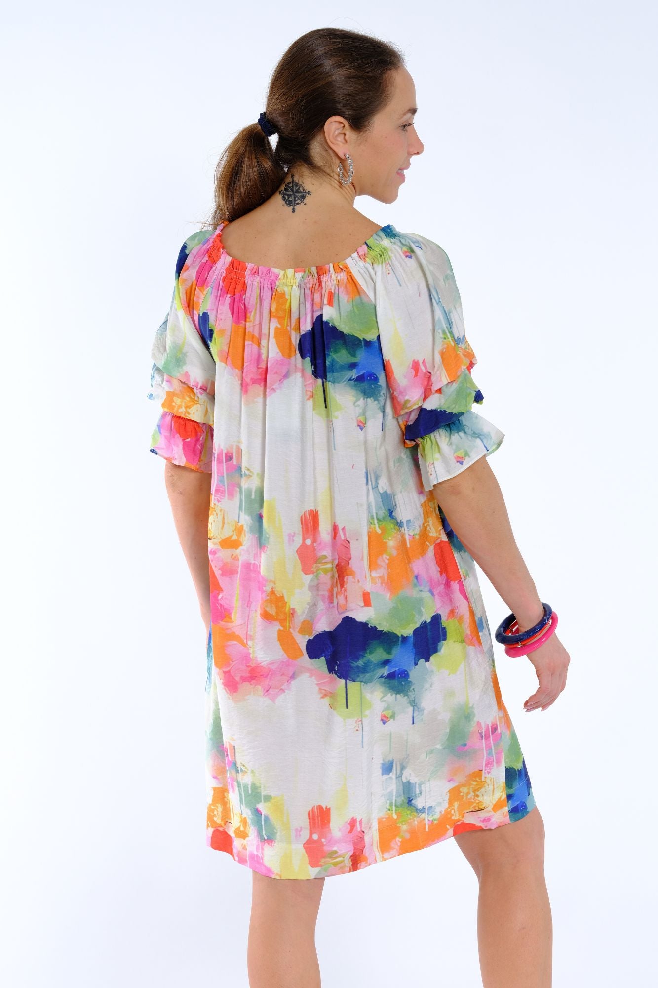 Women's knee length summer dress with ruffle sleeves and elastic neckline