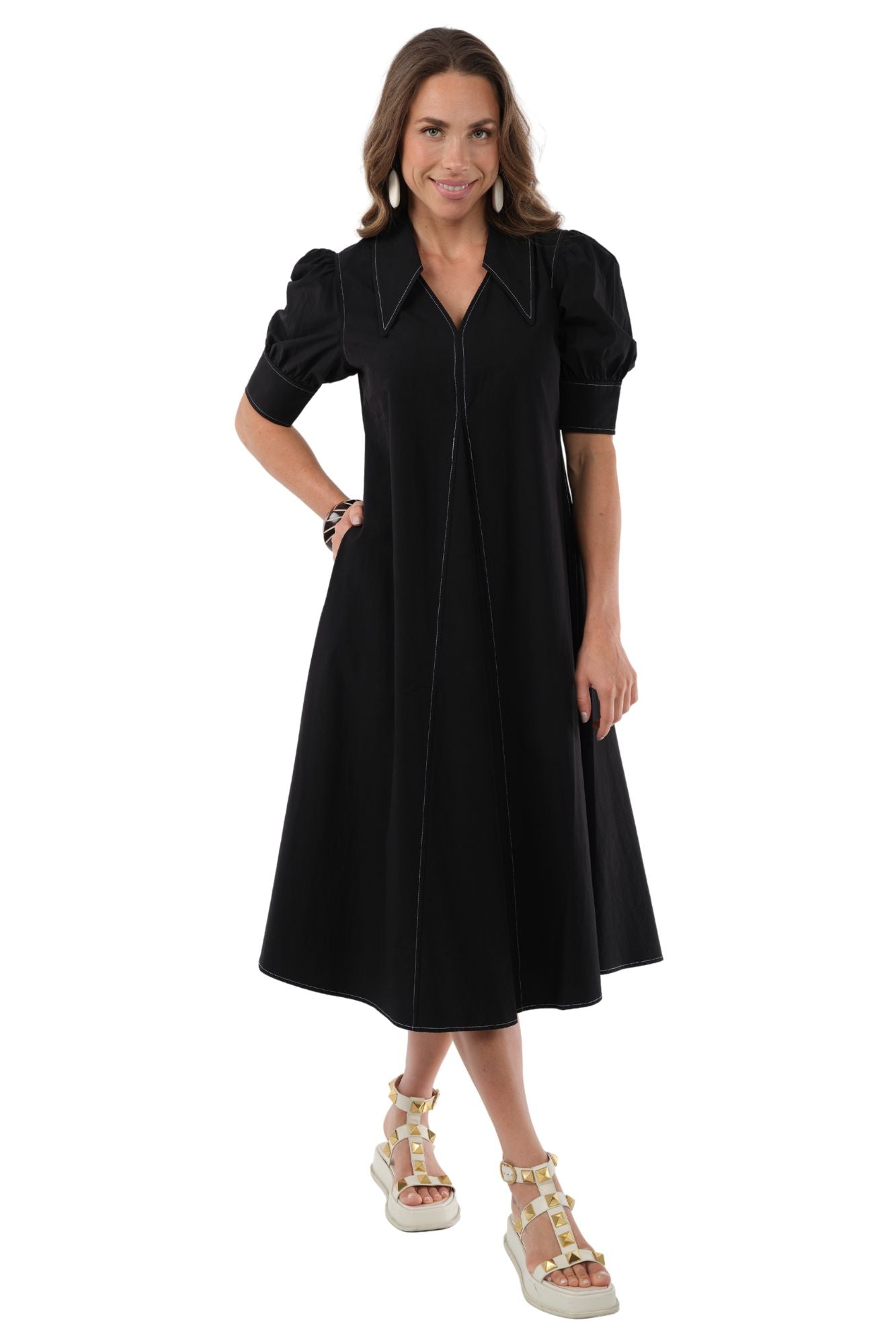 LIOR Women's Long Pointed Collar Black Dress With Puff Sleeves - "Amber"