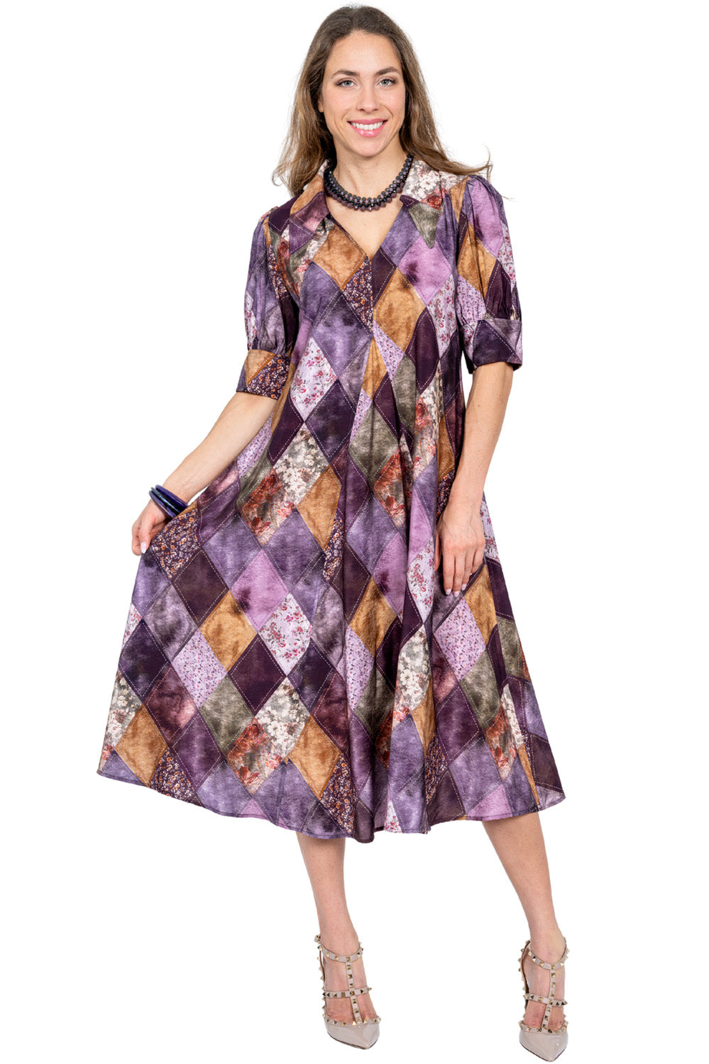 LIOR Women's Puff Sleeve Pointed Collar Dress – Patchwork Midi Statement Dress - "Amber"