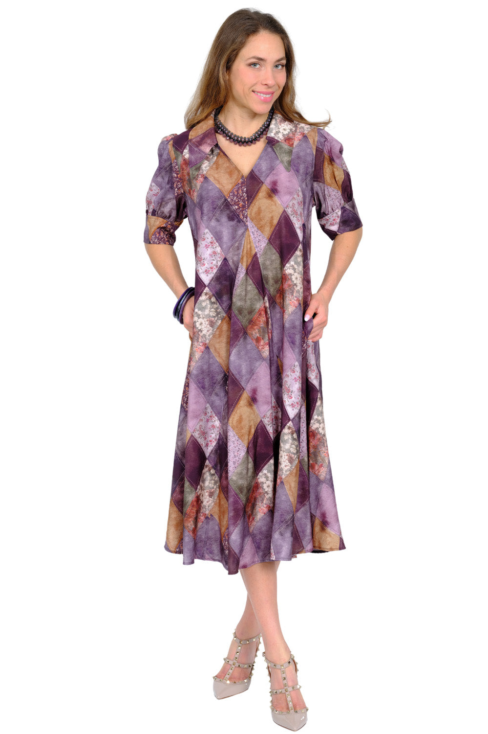 LIOR Women's Puff Sleeve Pointed Collar Dress – Patchwork Midi Statement Dress - "Amber"