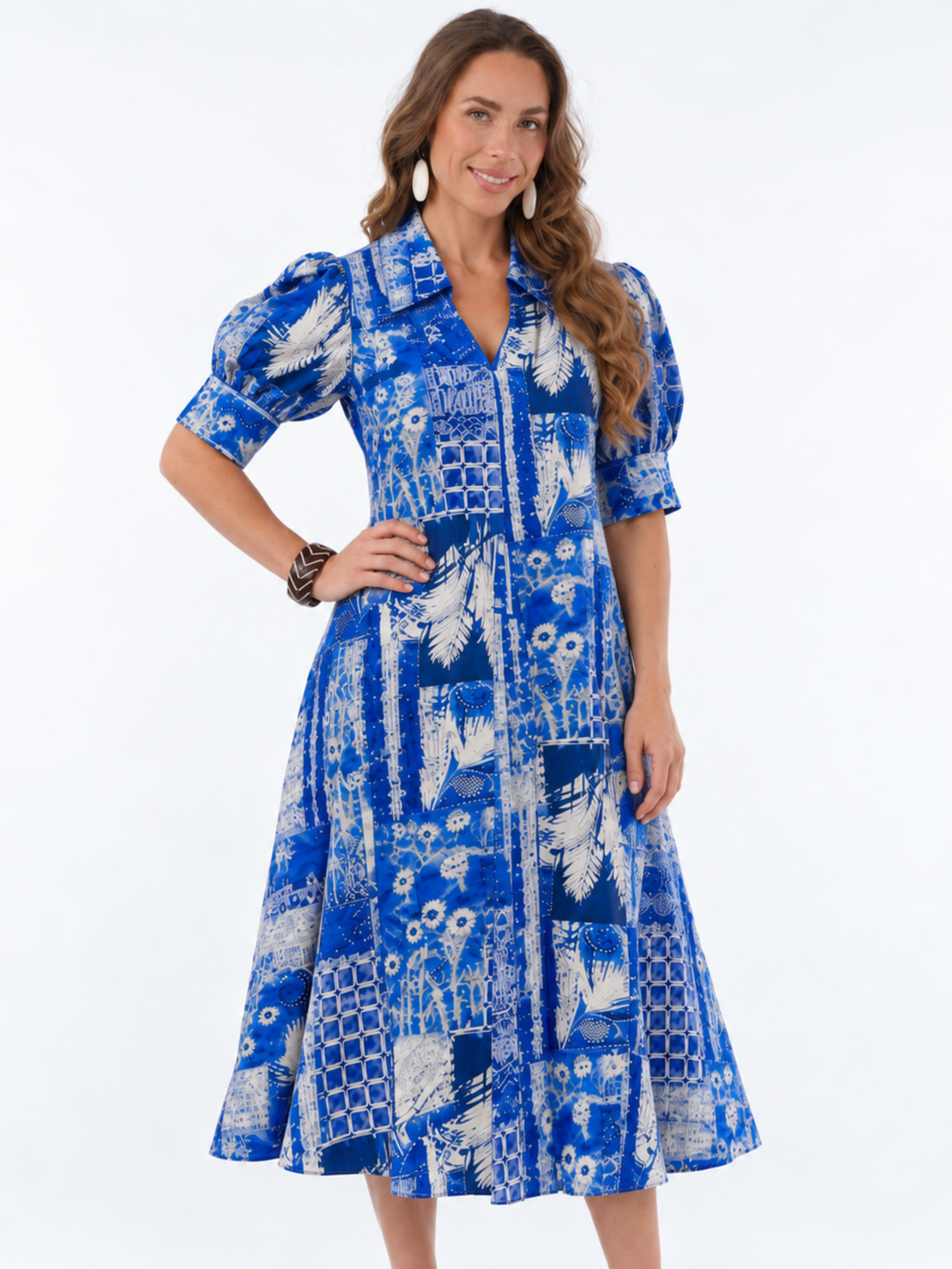 LIOR Women's Blue Lagoon Print Puff Sleeve Midi Dress With Pointed Collar - "Amber"