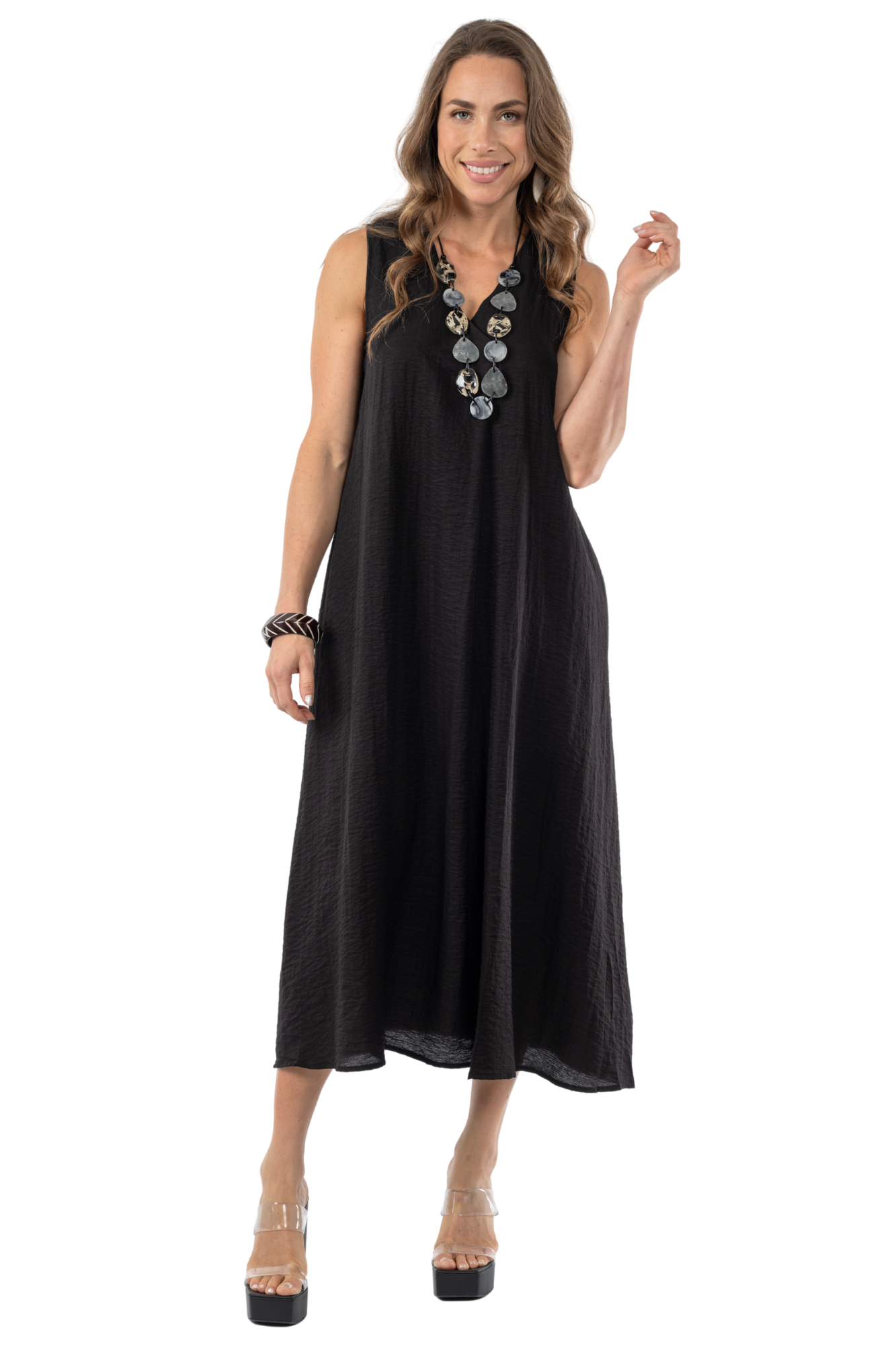 LIOR Women's Black Sleeveless Linen Midi Dress With Scrunched Back  - "Amelia"