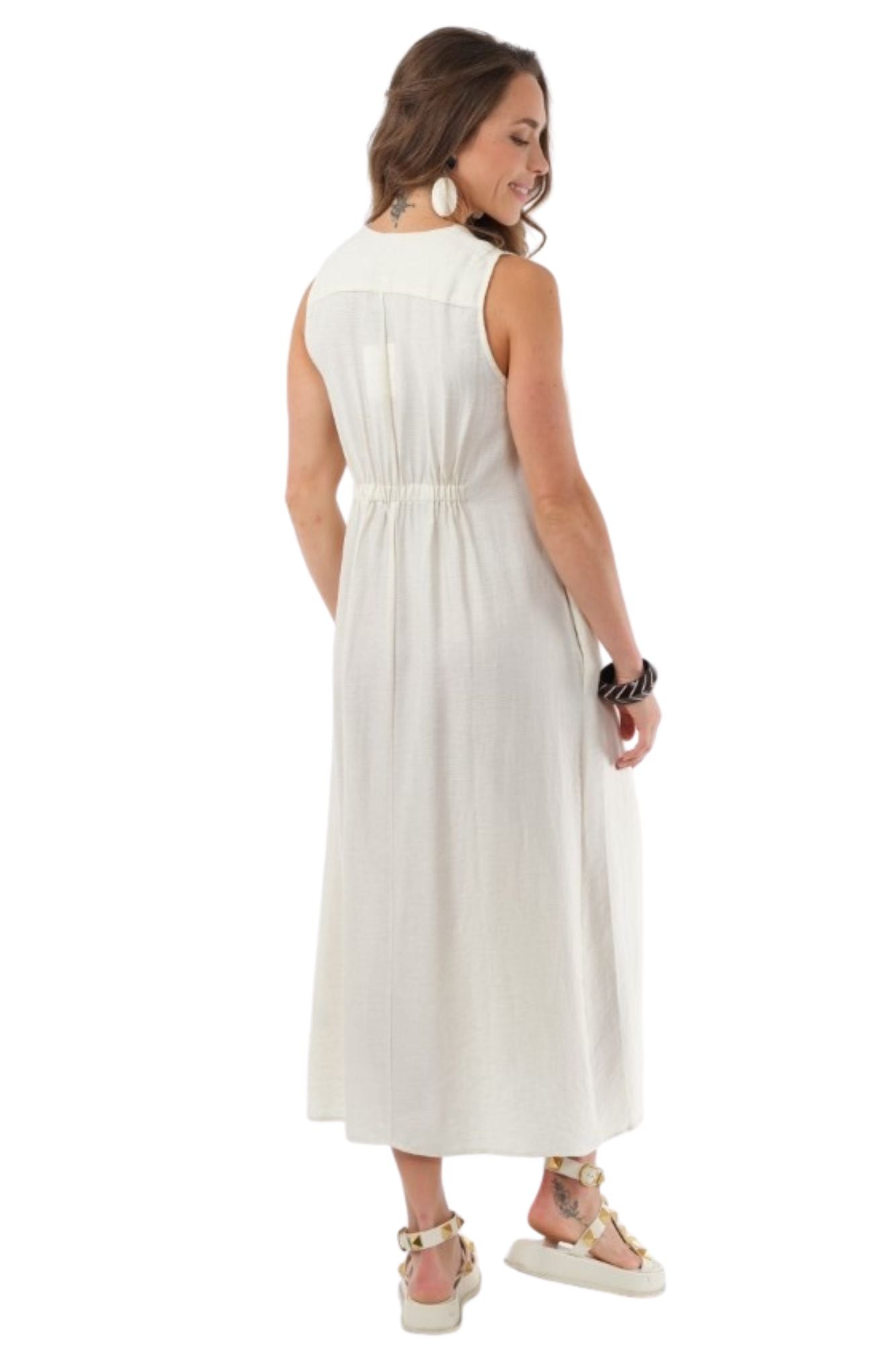 LIOR Women's Beige Sleeveless Linen Midi Dress With Scrunched Back  - "Amelia"