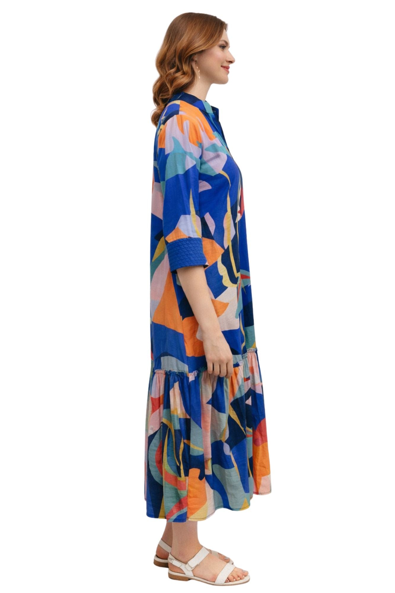 Long blue and coral dress with 3/4 cuff sleeves for women