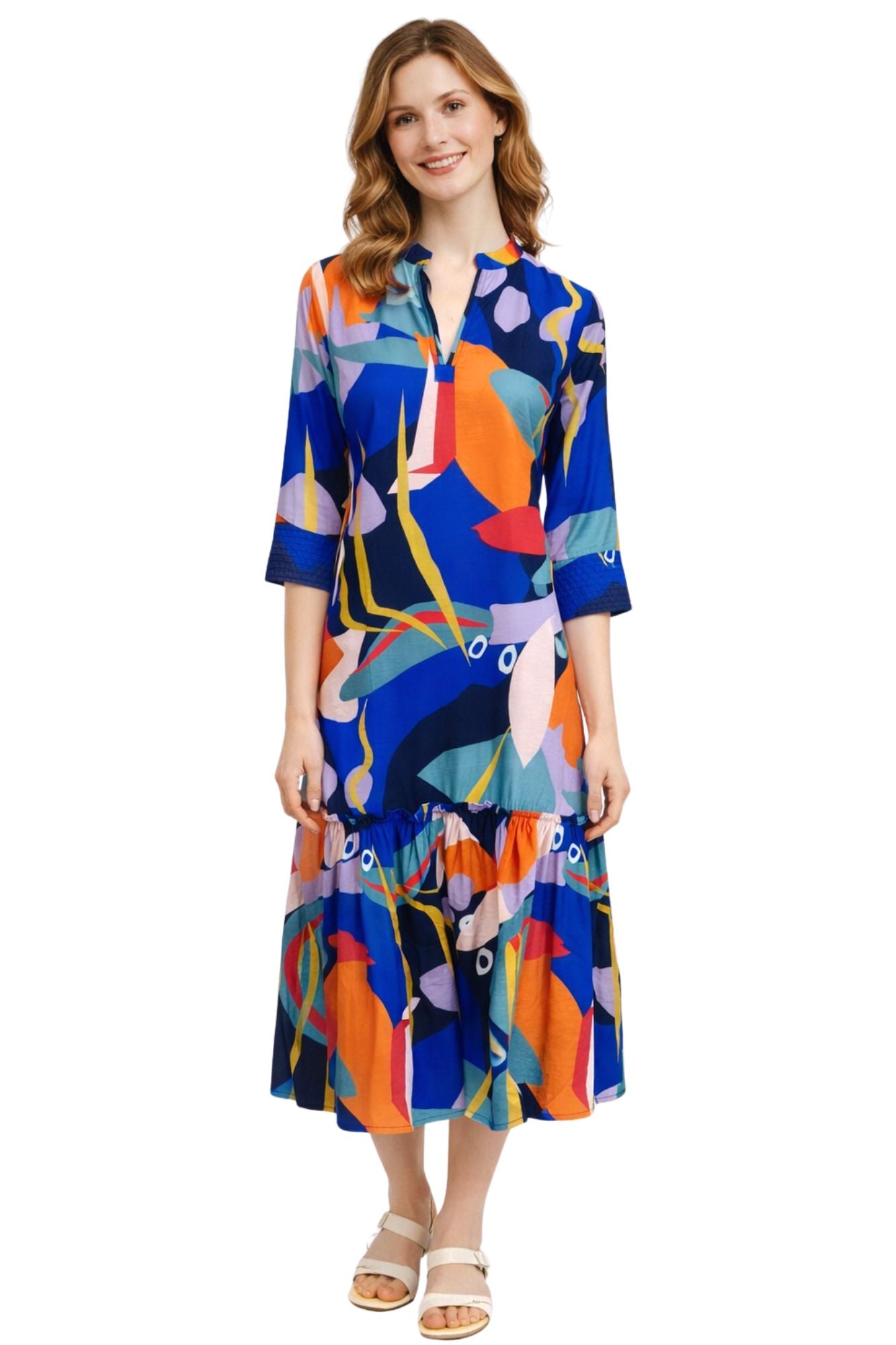 Blue and coral maxi dress for women with 3/4 cuff sleeves and collar