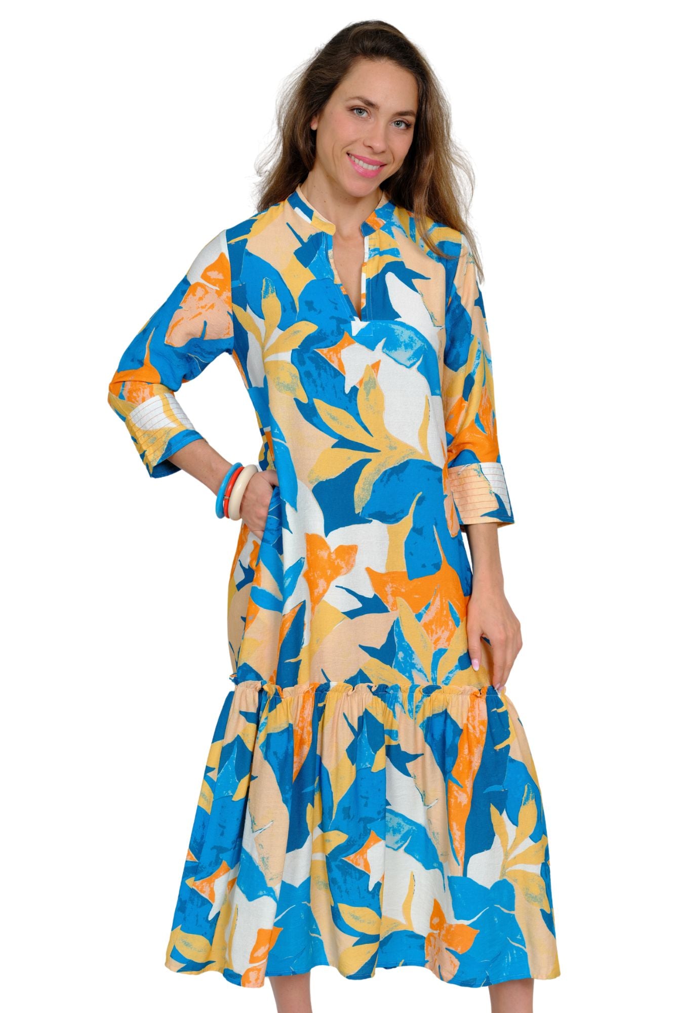 Blue and white print turquoise maxi dress with cuffed sleeves for women