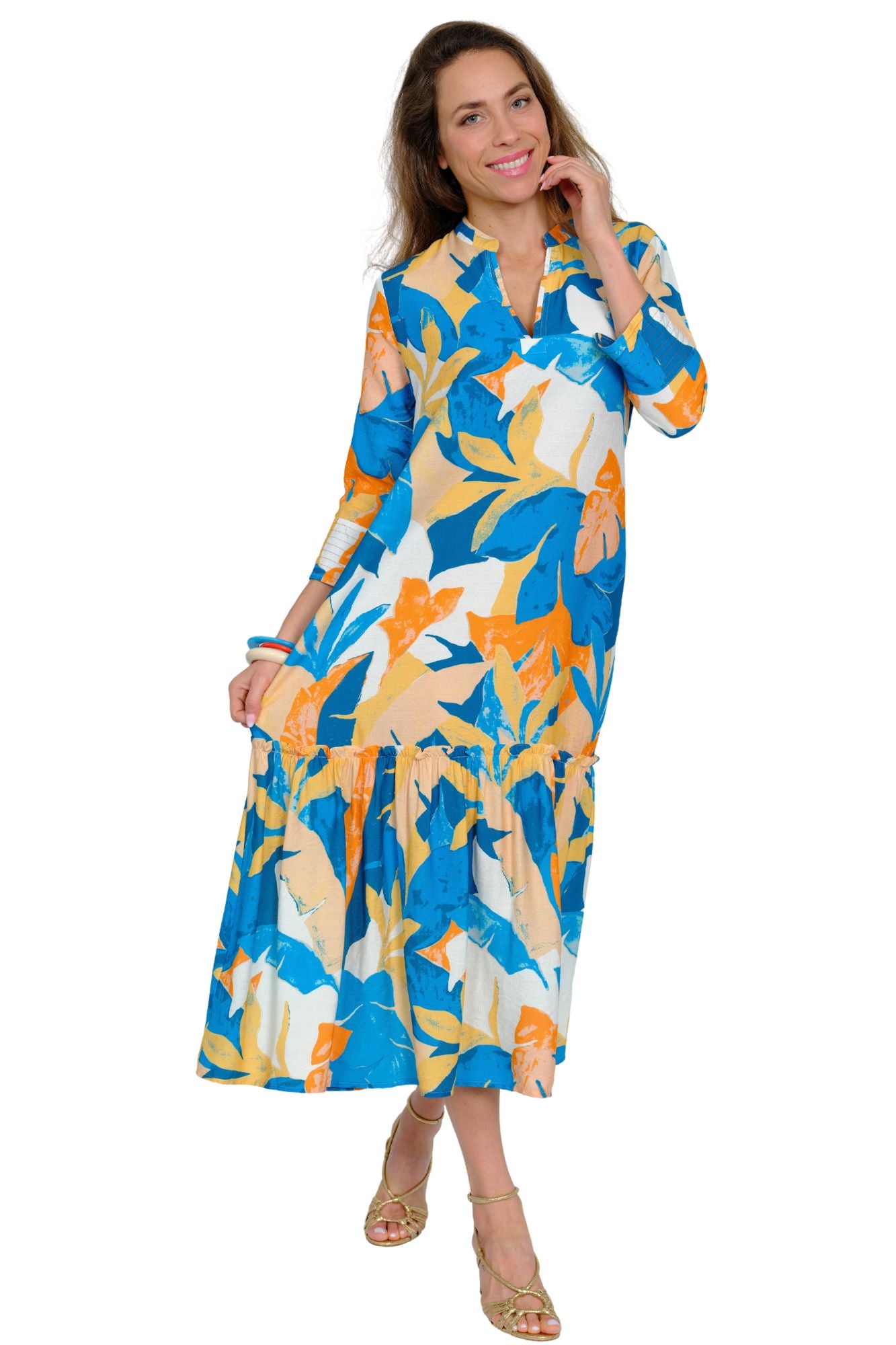 Women's turquoise summer dress with jungle theme print and 3/4 sleeves