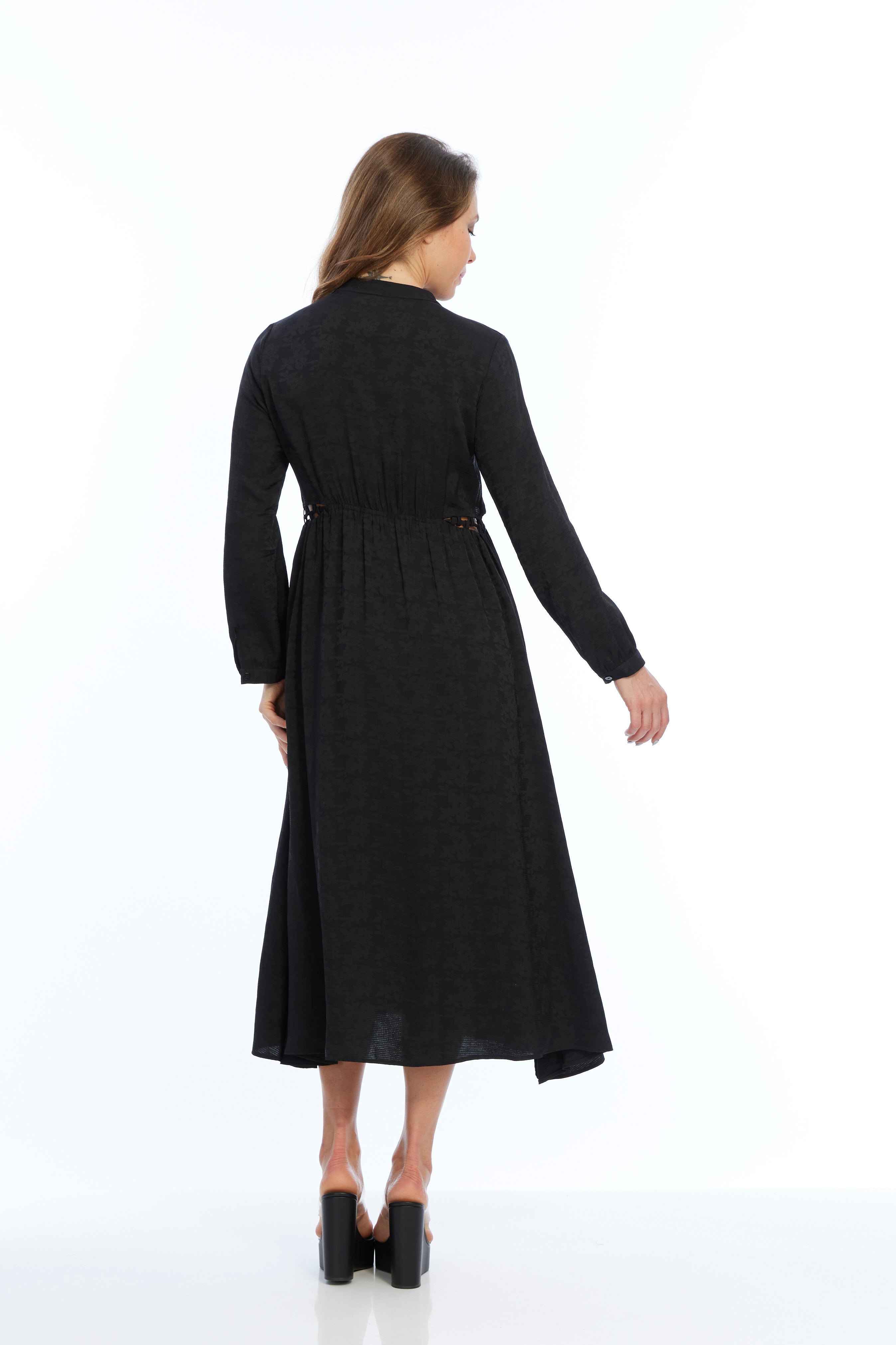jacquard black dress with drawstring collar