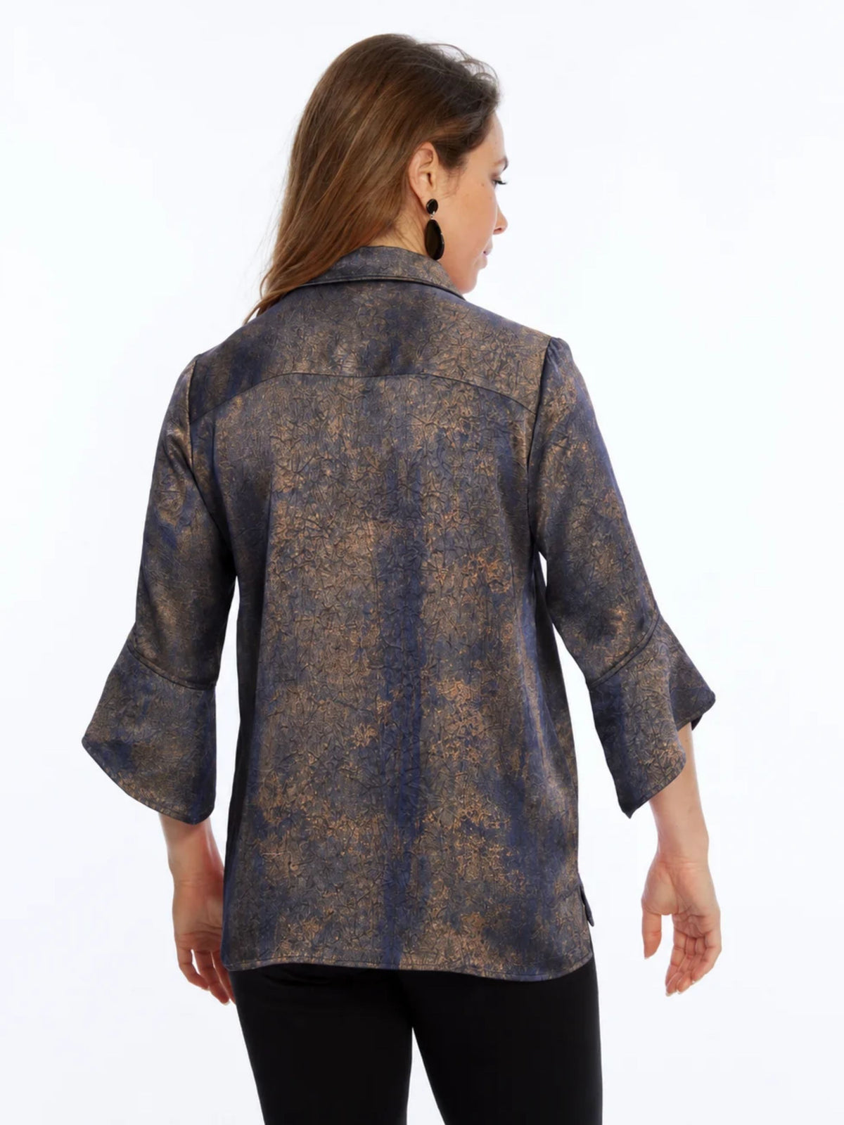 Women's Gold Foile 3/4 Tulip Sleeve Tunic Blouse With One Button Collar Neckline - "Belinda"