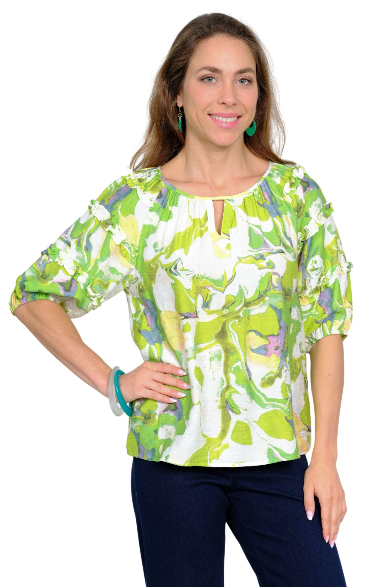 LIOR Blythe green printed puff sleeve blouse for women in lime multi, lightweight travel top