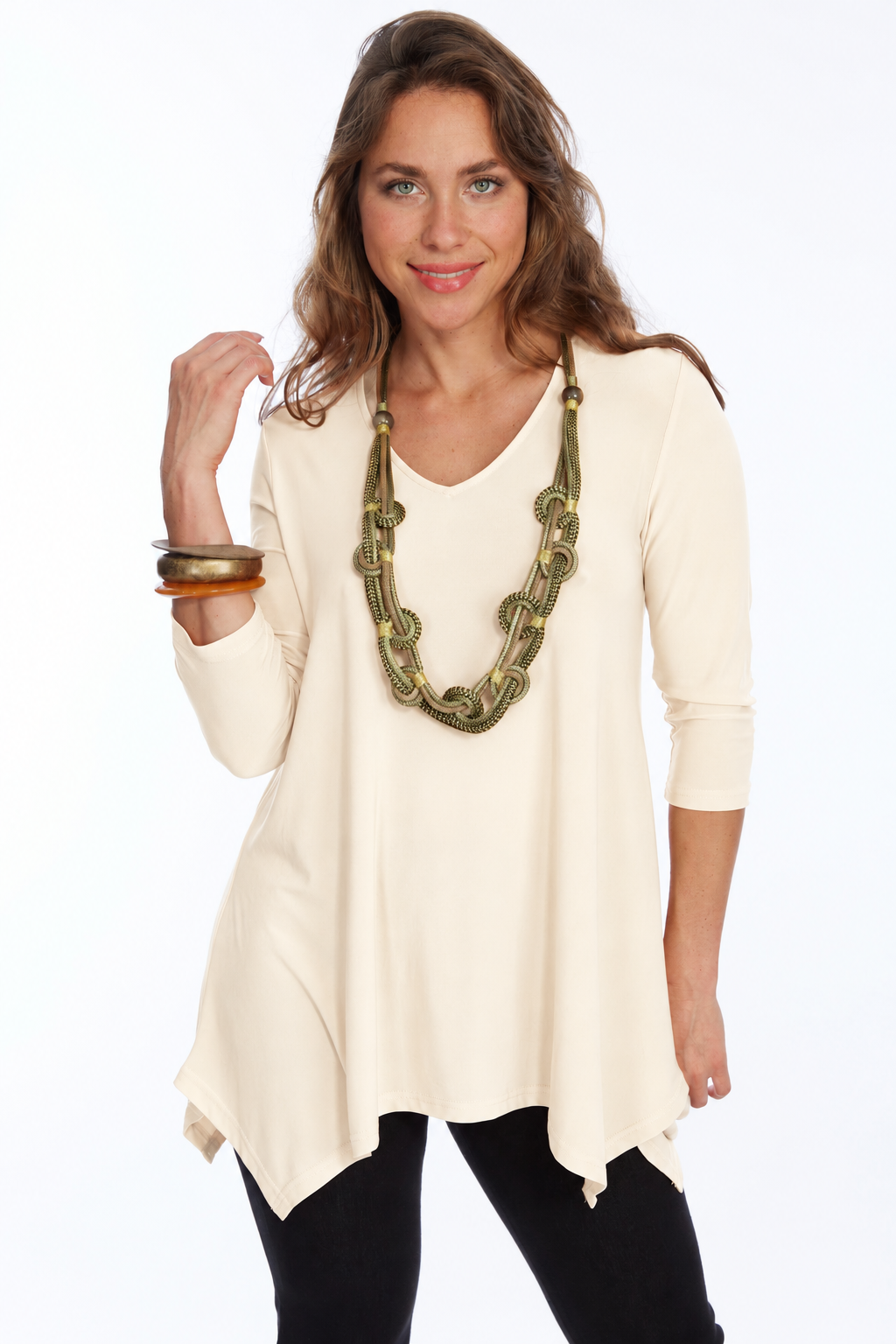Alisha D High Low V Neck Tunic Top 3/4 Sleeves - Creamy