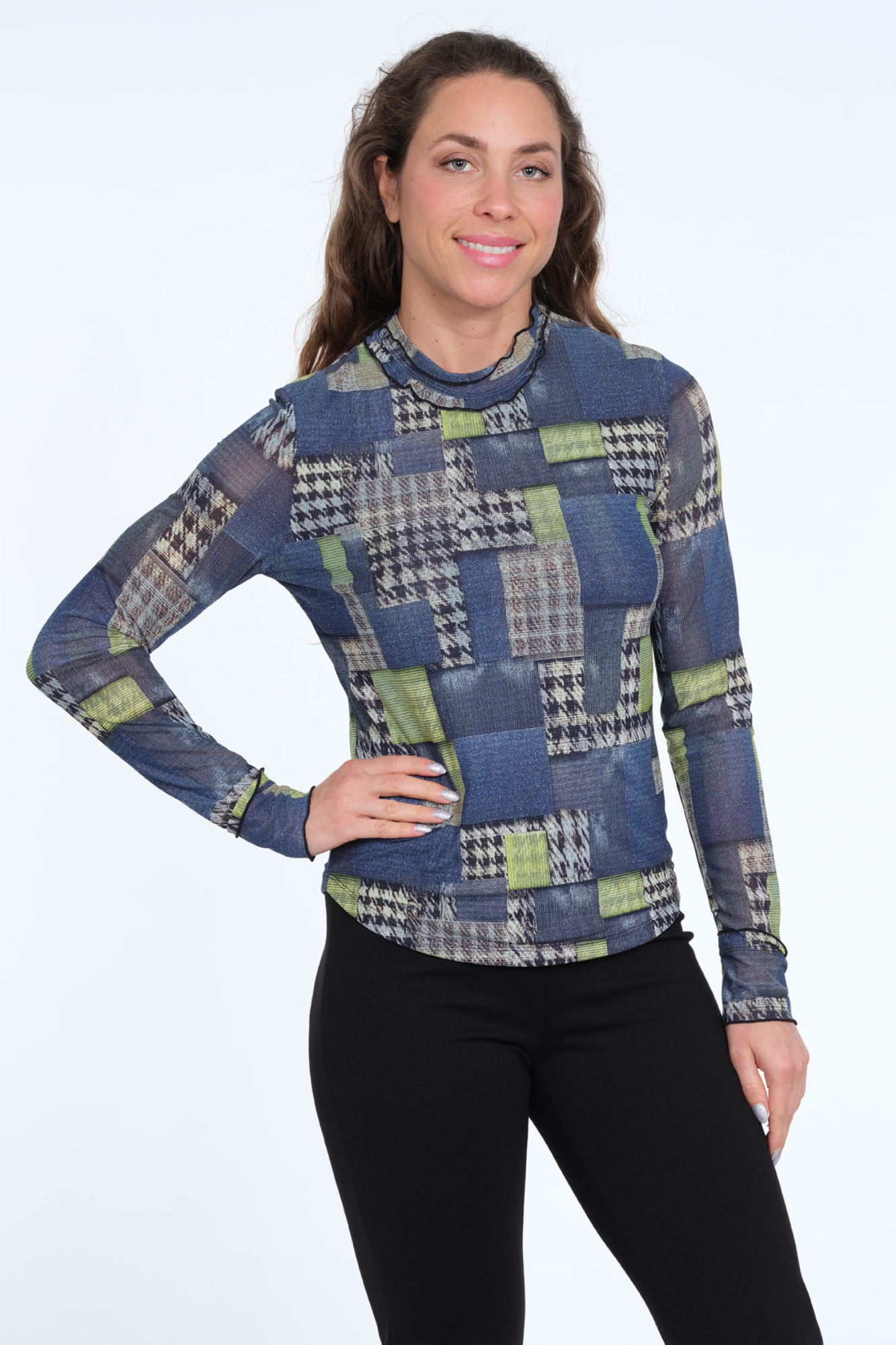LIOR Women's Grey & Lime Mixed Media Mesh Long Sleeve Top With Ruffle Neck - "Cece"