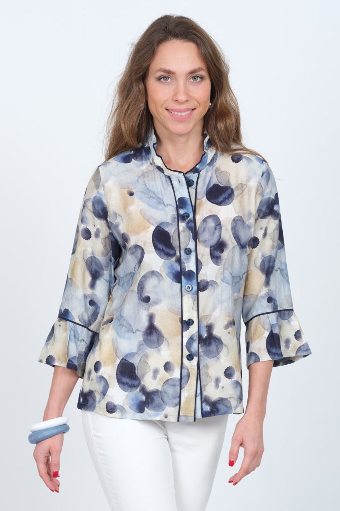 Women's Wire Collar Printed 3/4 Bell Sleeve Blouse - "Coco"