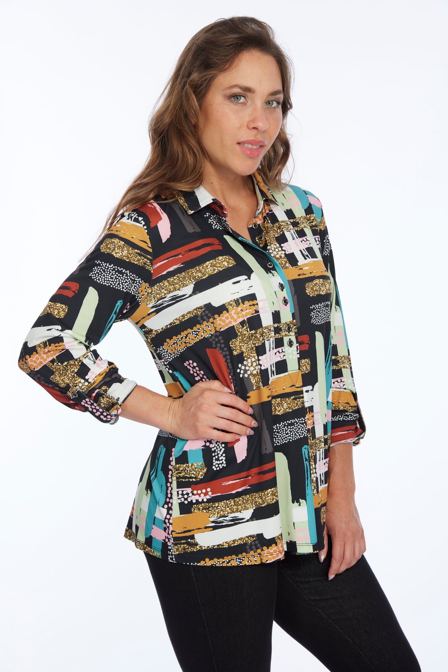 Womens Long Sleeve Brushed Print Pull Over Knit Top