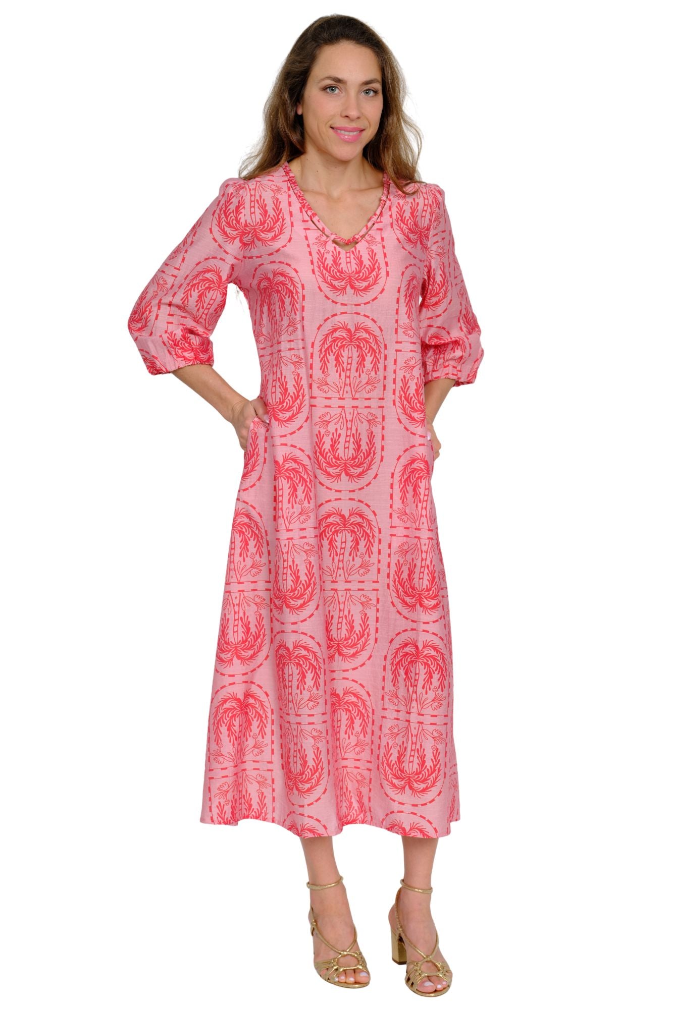 Pink palm print midi dress for women, perfect tropical summer outfit