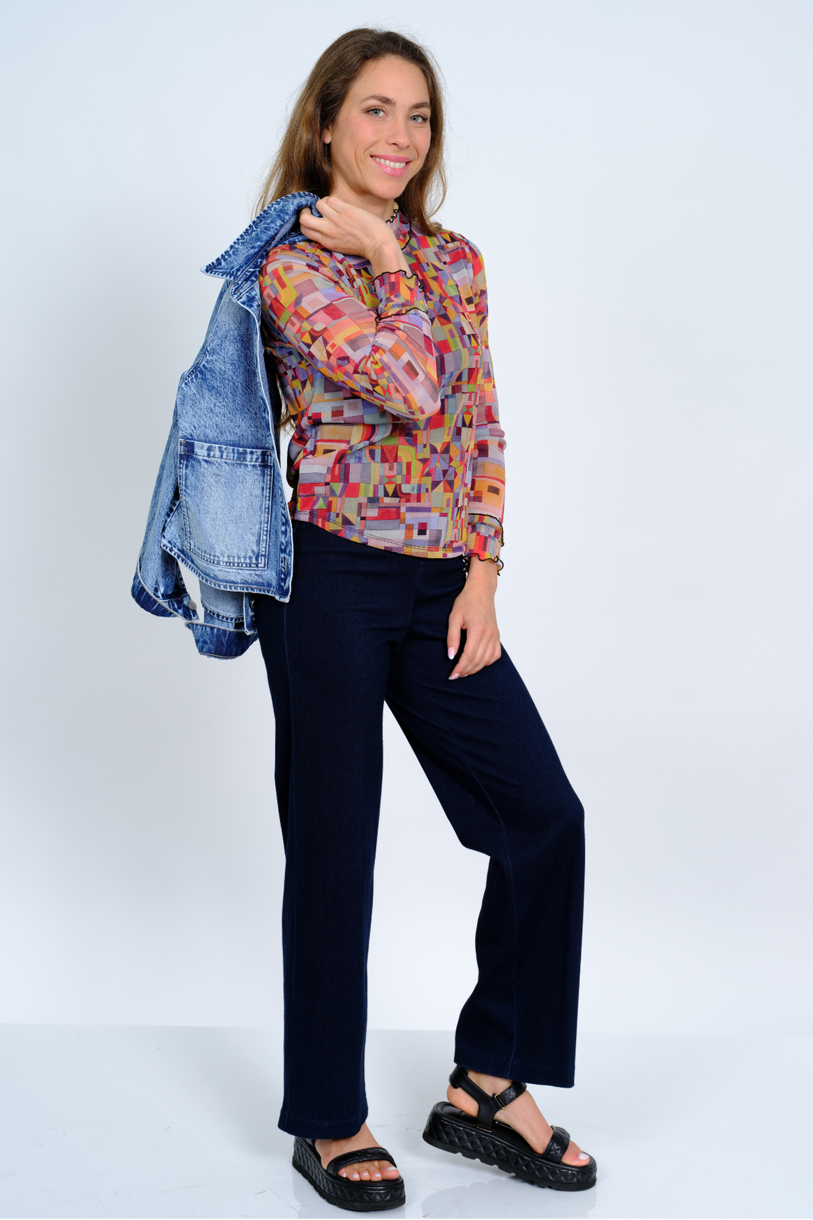 LIOR Women's Geometric Print Sheer Mesh Long Sleeve Top-"Cece"