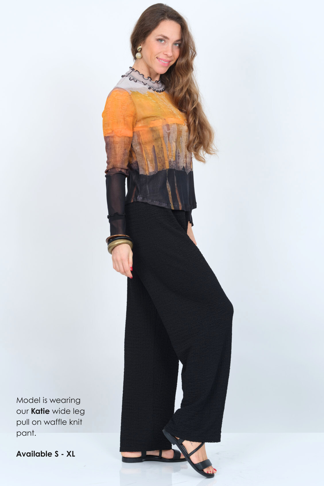 LIOR Women's Orange Abstract Sheer Print Long Sleeve Top - "Cece"