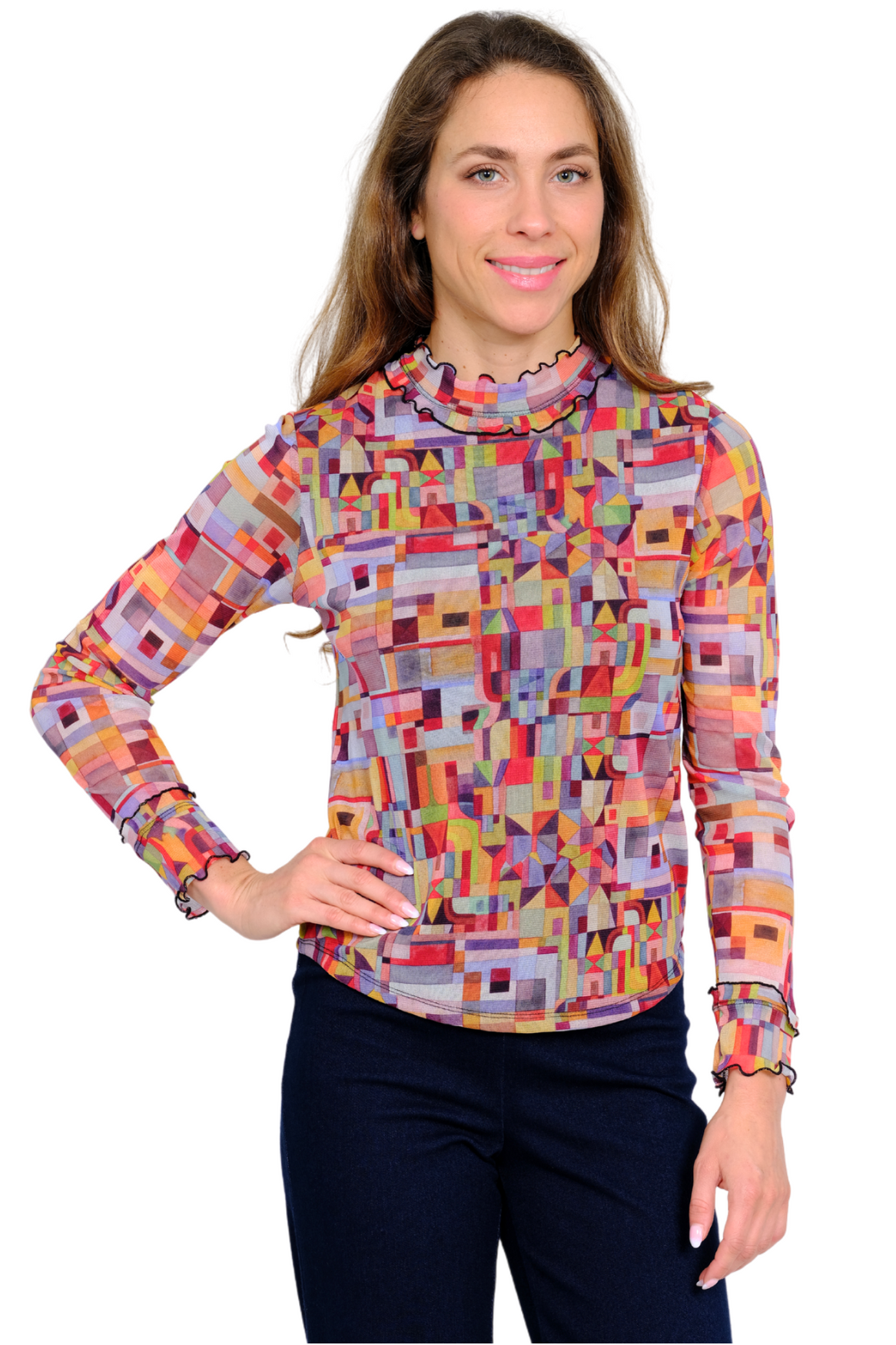 LIOR Women's Geometric Print Sheer Mesh Long Sleeve Top-"Cece"