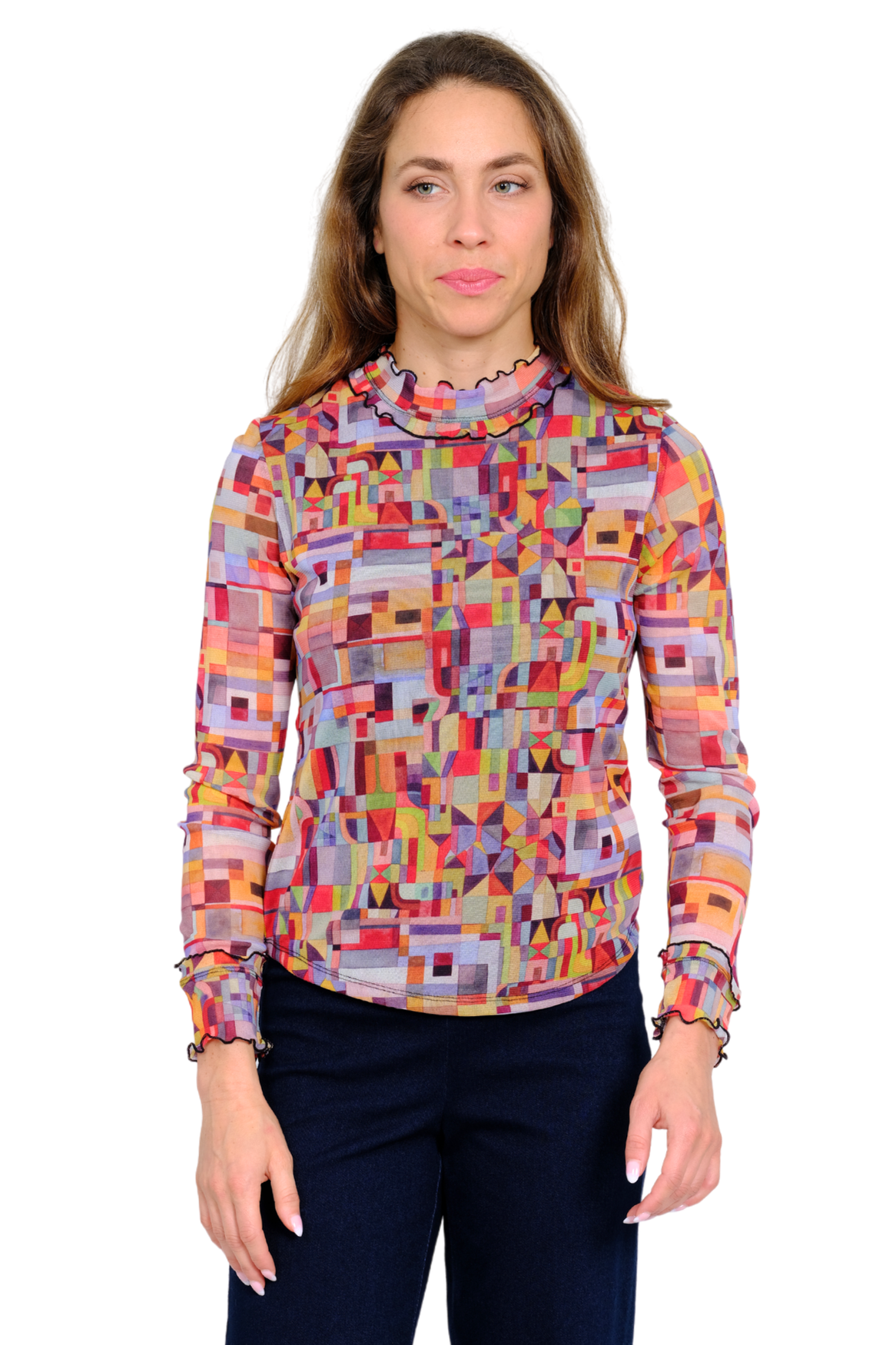 LIOR Women's Geometric Print Sheer Mesh Long Sleeve Top-"Cece"