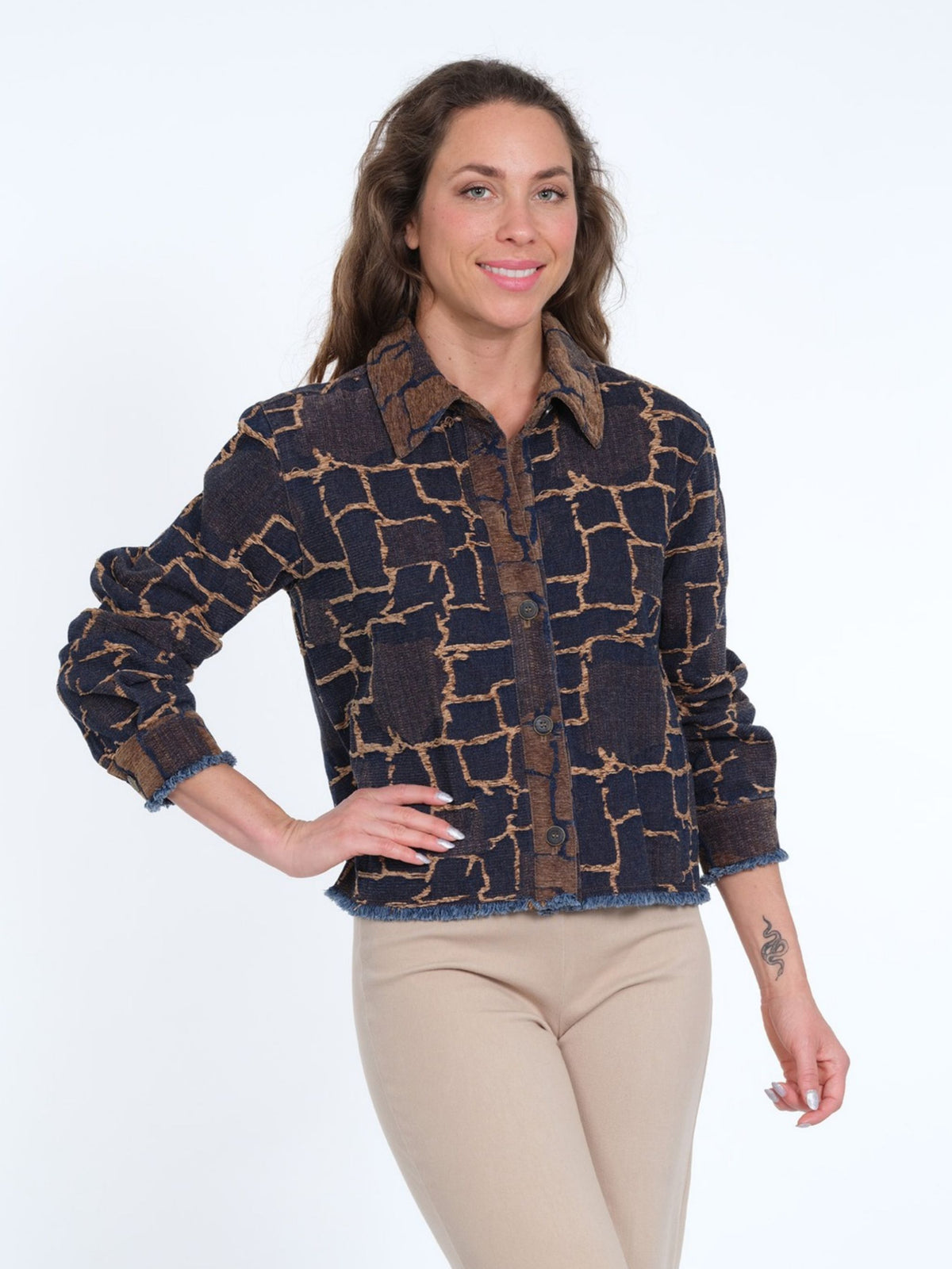 Women's Taupe & Denim Button Front Tapestry Jacket With Collared Neckline - "Celeste"