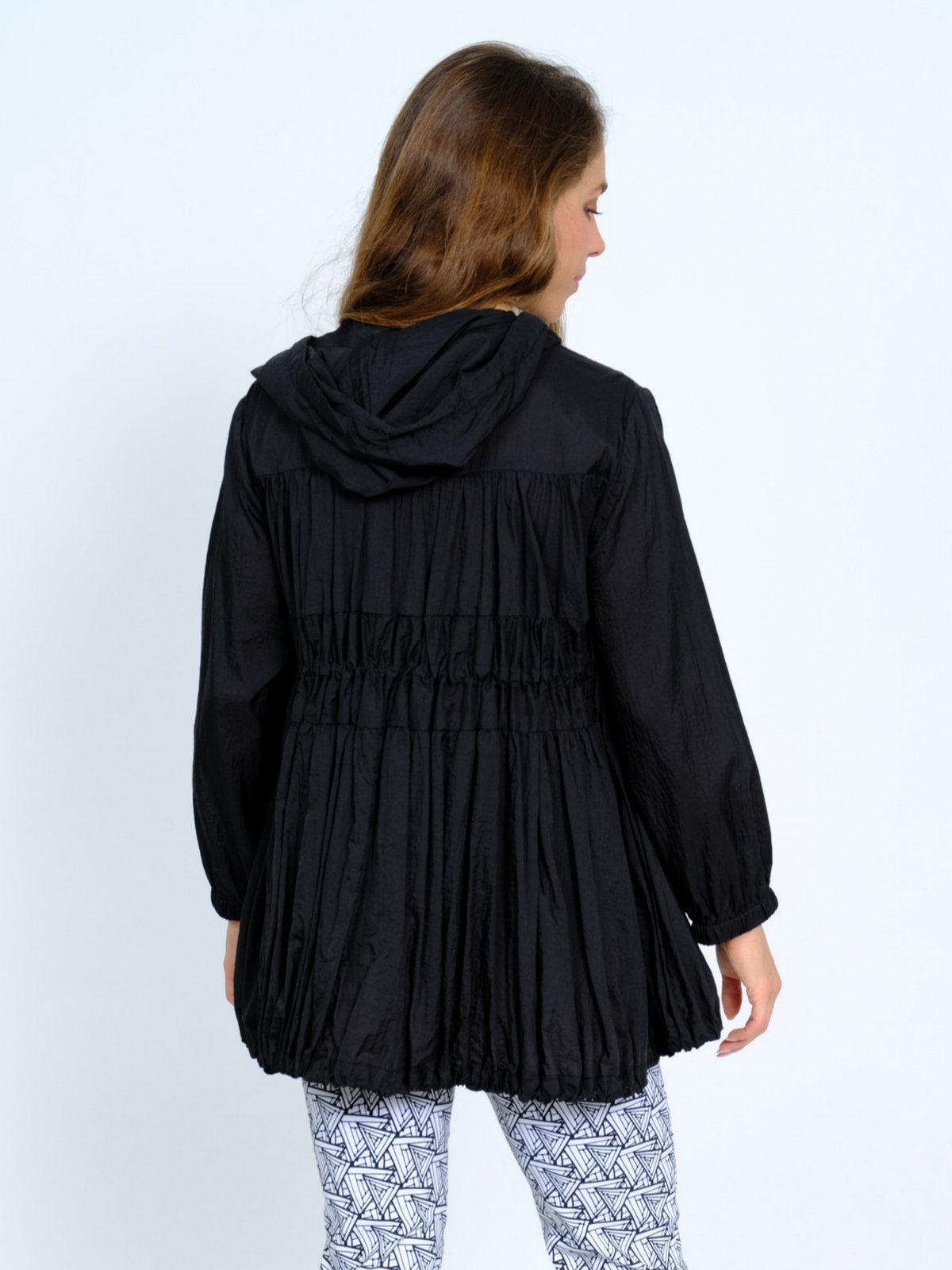 Women's Black Hooded Zip-Front Jacket with Gathered Tiers - "Chantal"