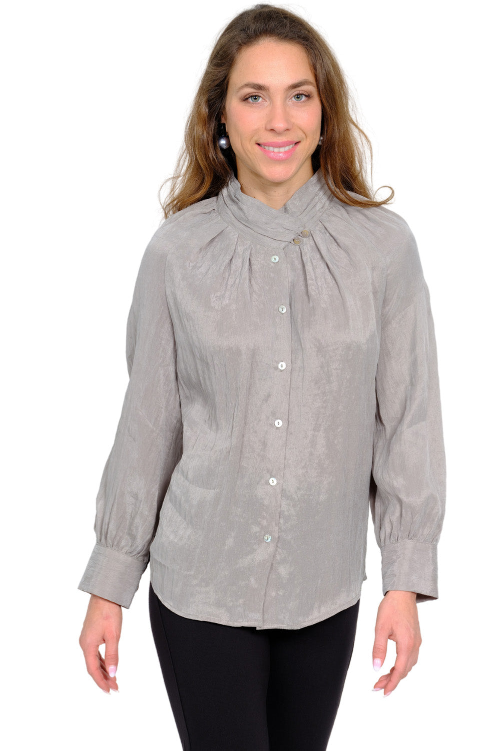LIOR Women's Elegant Pleated Collar Blouse In Satin Feel Fabric-"Charm"