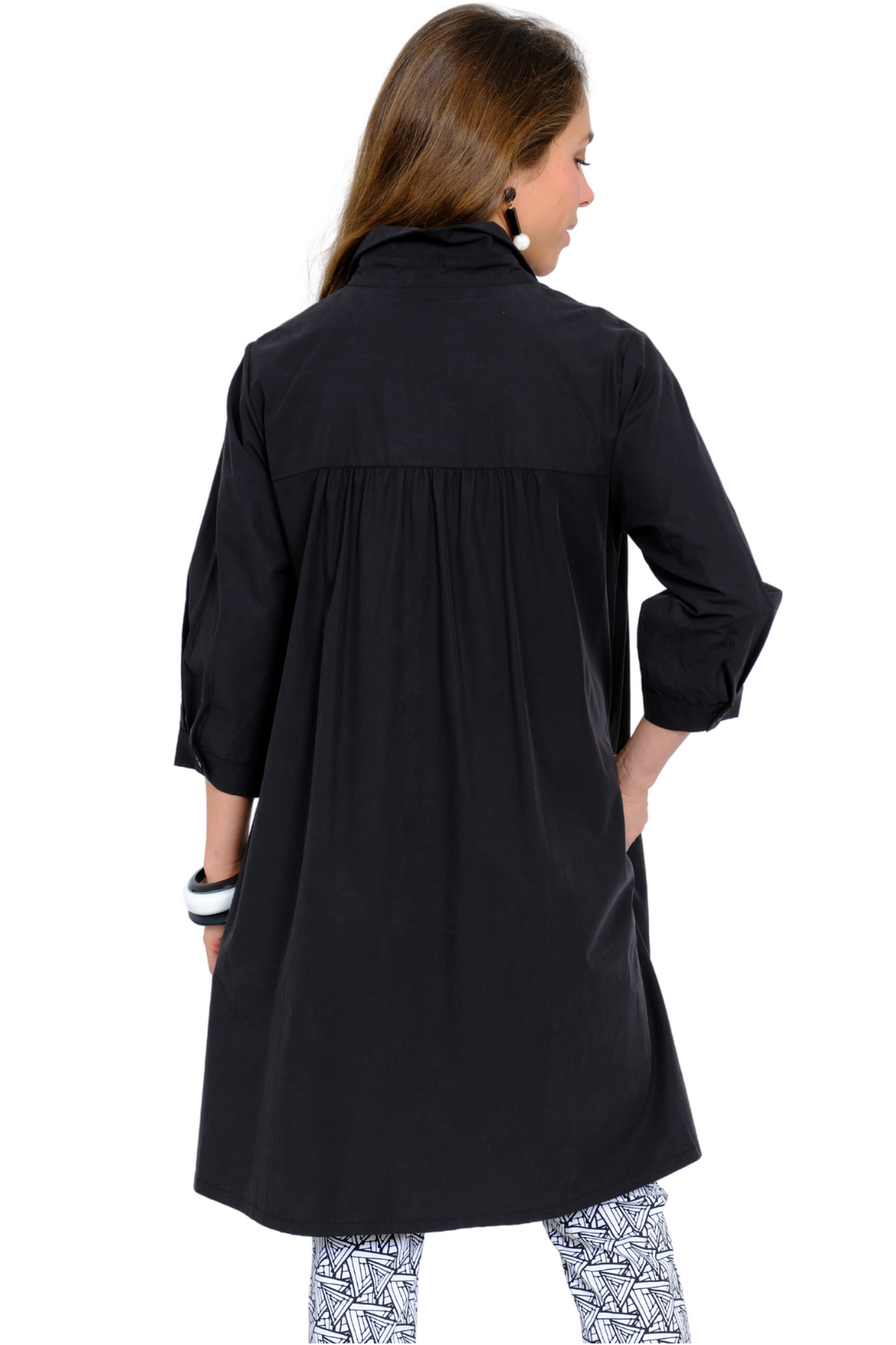 LIOR Women's Black Tencel Button-Front Shirt Dress 3/4 Roll Tab Sleeves "Cherry"