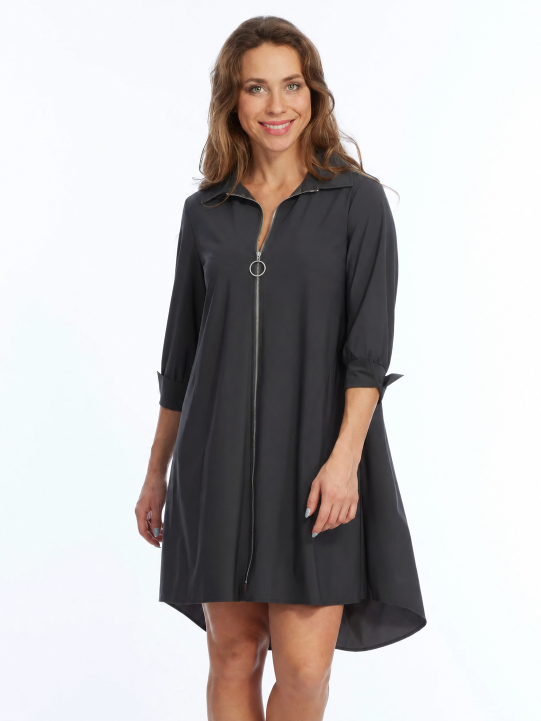 LIOR Women's Collared Zip Up Knee Length Dress 3/4 Sleeves - Delice