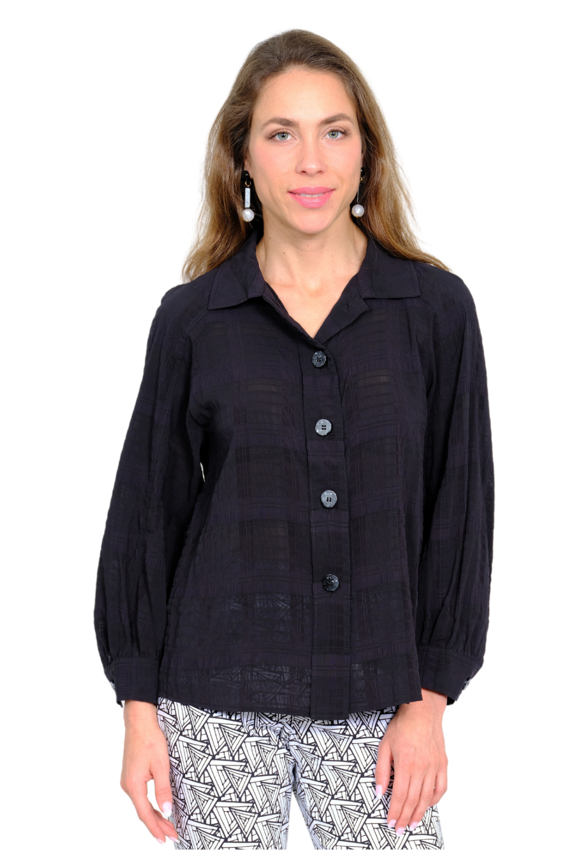LIOR Women's Black Long Sleeve Textured Button Front Blouse - "Columbia"